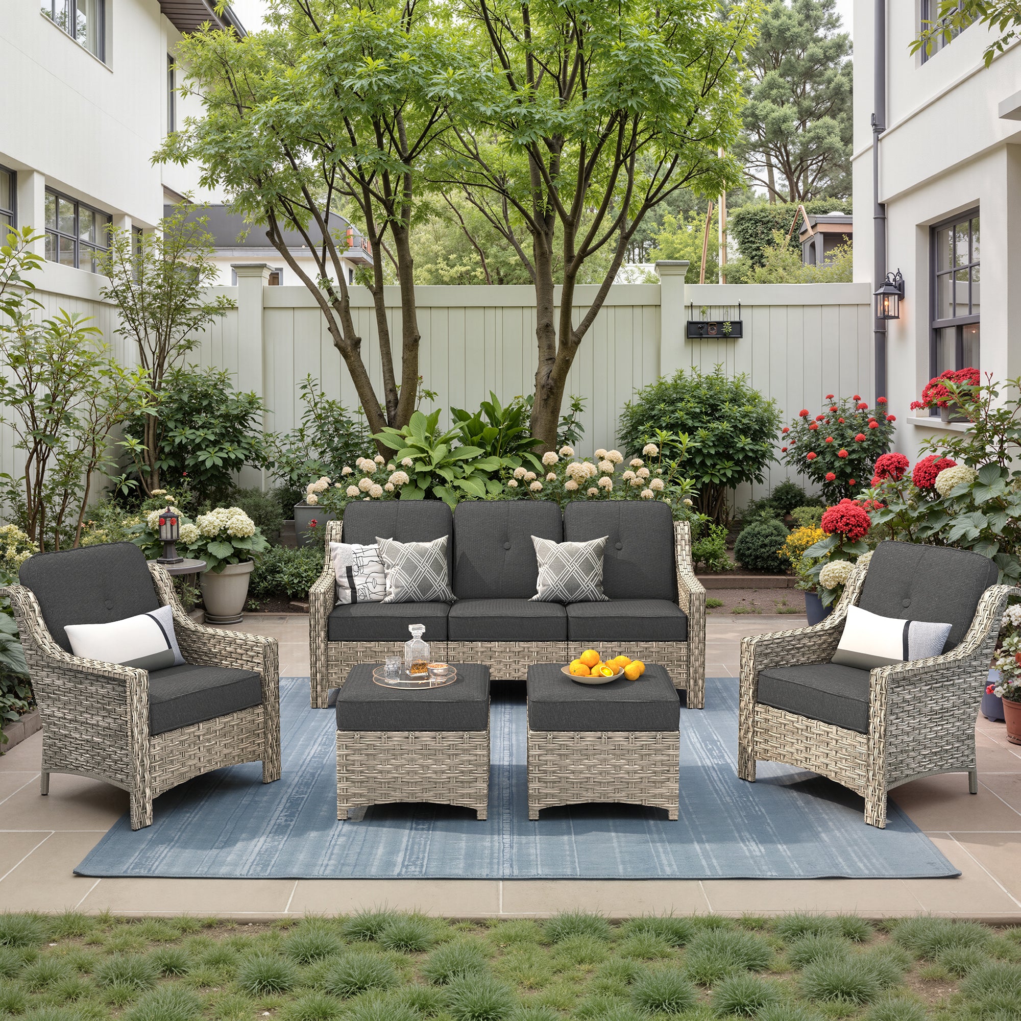 Ovios 6 Pieces Outdoor Furniture Set High Back All-Weather Wicker Patio Conversation Set with Ottomans & Solar Light Coffee Table, Black