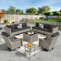 Ovios 10 Pieces Outdoor Patio Furniture Swivel Set with Rocking Chair All-Weather Wicker Conversation Sectional with Solar Lamps Coffee Table for Balcony