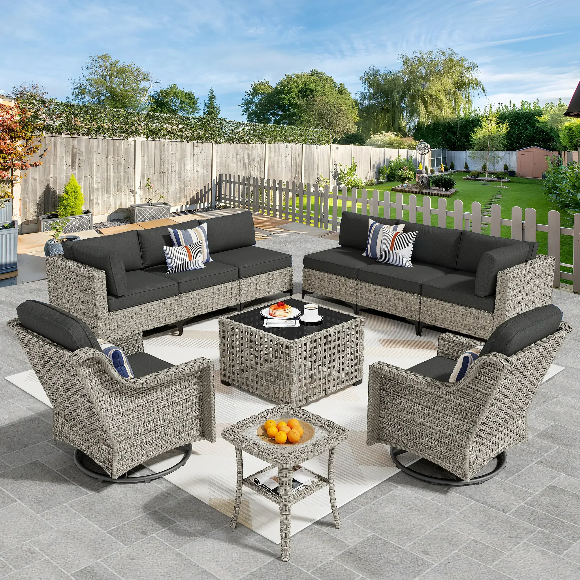 Ovios 10 Pieces Outdoor Patio Furniture Swivel Set with Rocking Chair All-Weather Wicker Conversation Sectional with Solar Lamps Coffee Table for Balcony