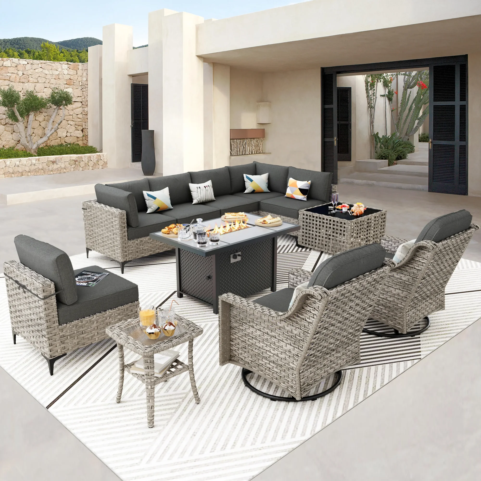 Ovios 11 Pieces Outdoor Patio Furniture Set with Gas Propane Firepit Table Wicker Outdoor Conversation Set with Swivel Rocking Chair & Solar Lamps Coffee Table