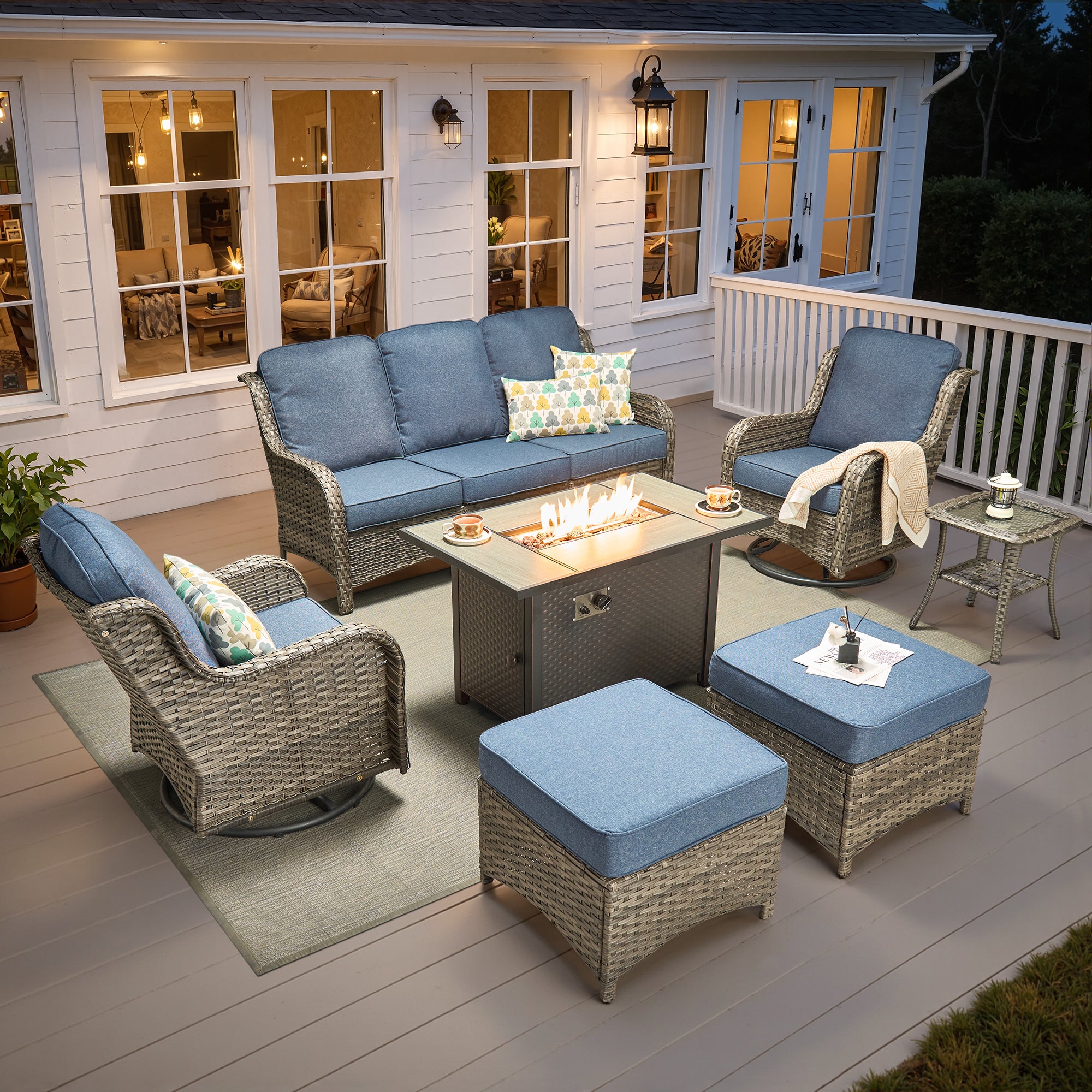 Ovios 5 Piece Outdoor Patio Furniture Set All-Weather Wicker Rattan Conversation Set with High Back Swivel Chairs & Propane Fire Pit Table, Denim Blue