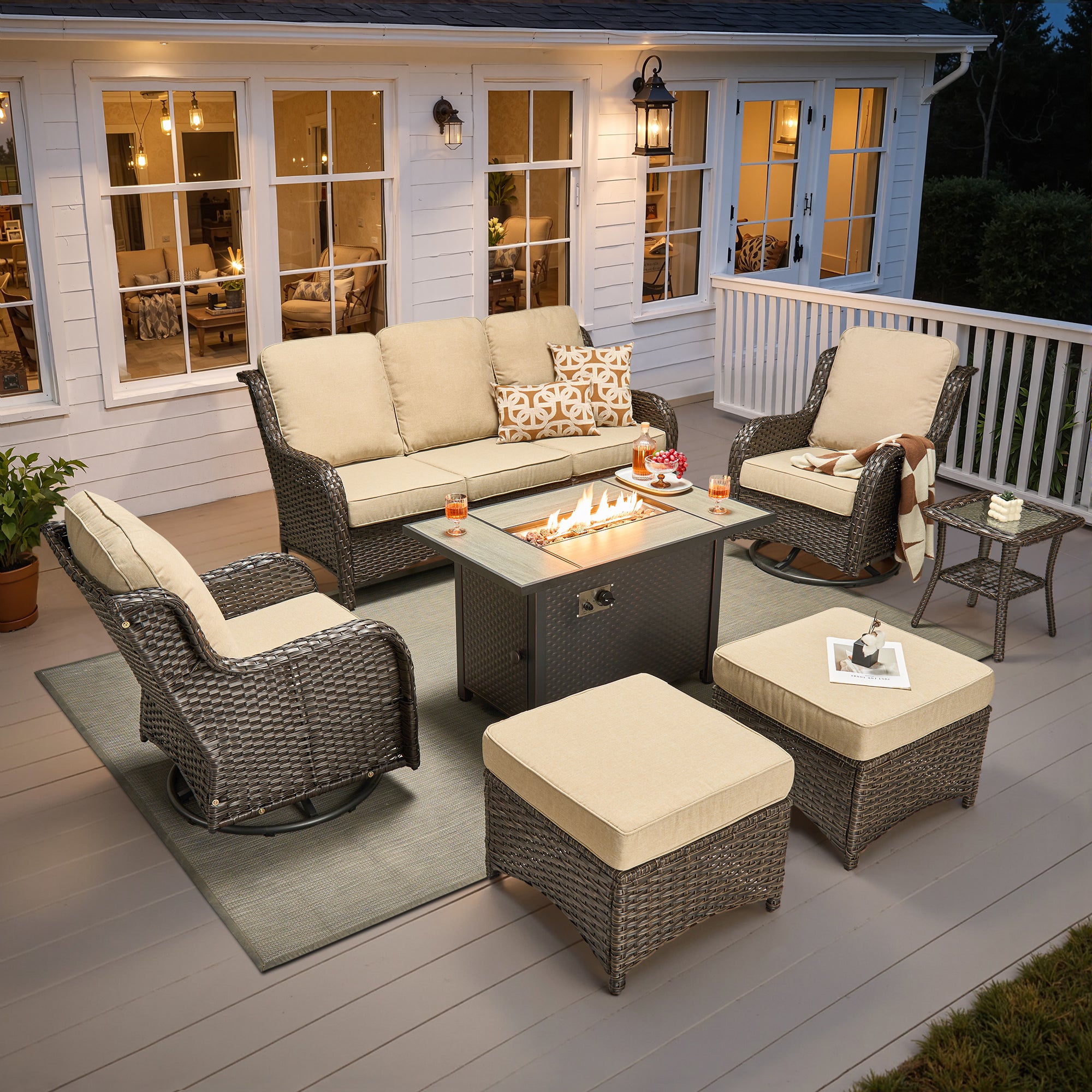 Ovios 5 Piece Outdoor Patio Furniture Set All-Weather Wicker Rattan Conversation Set with High Back Swivel Chairs & Propane Fire Pit Table, Denim Blue