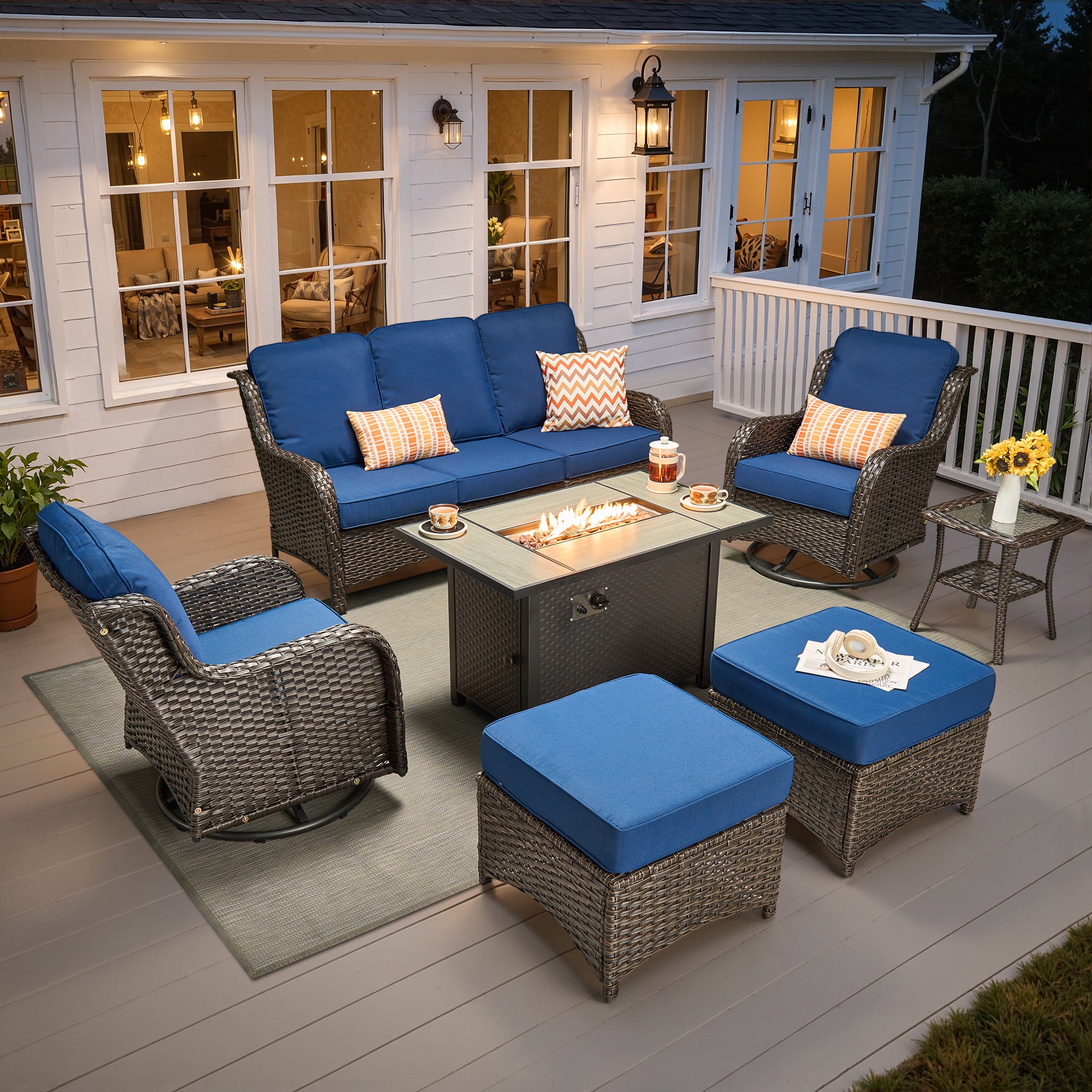 Ovios 5 Piece Outdoor Patio Furniture Set All-Weather Wicker Rattan Conversation Set with High Back Swivel Chairs & Propane Fire Pit Table, Denim Blue