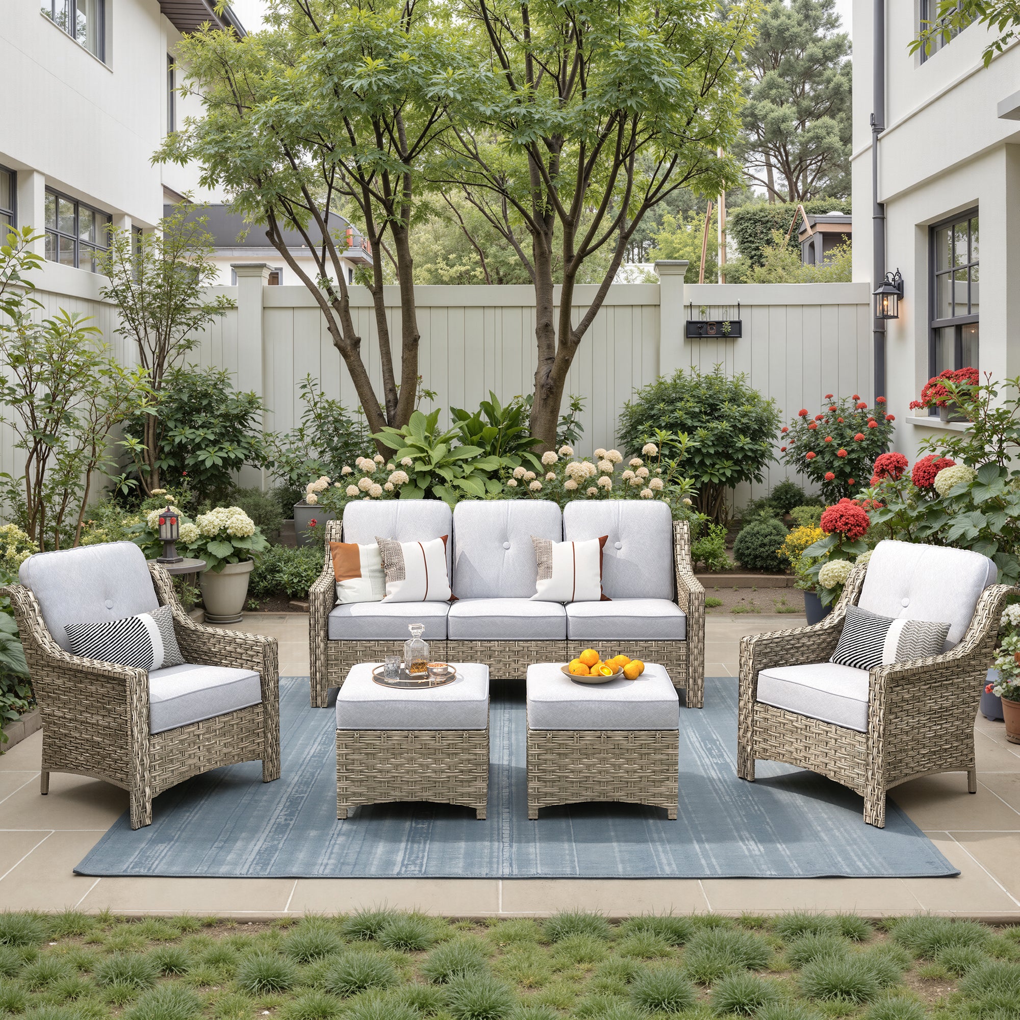 Ovios 6 Pieces Outdoor Furniture Set High Back All-Weather Wicker Patio Conversation Set with Ottomans & Solar Light Coffee Table, Black