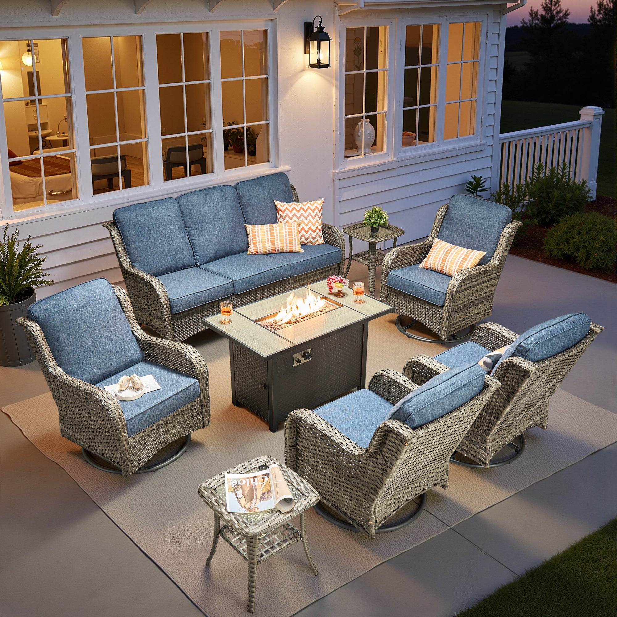 Ovios 5 Piece Outdoor Patio Furniture Set All-Weather Wicker Rattan Conversation Set with High Back Swivel Chairs & Propane Fire Pit Table, Denim Blue