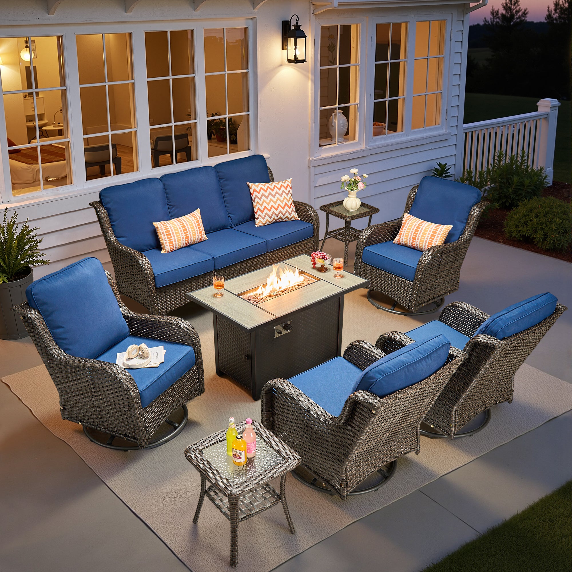 Ovios 5 Piece Outdoor Patio Furniture Set All-Weather Wicker Rattan Conversation Set with High Back Swivel Chairs & Propane Fire Pit Table, Denim Blue