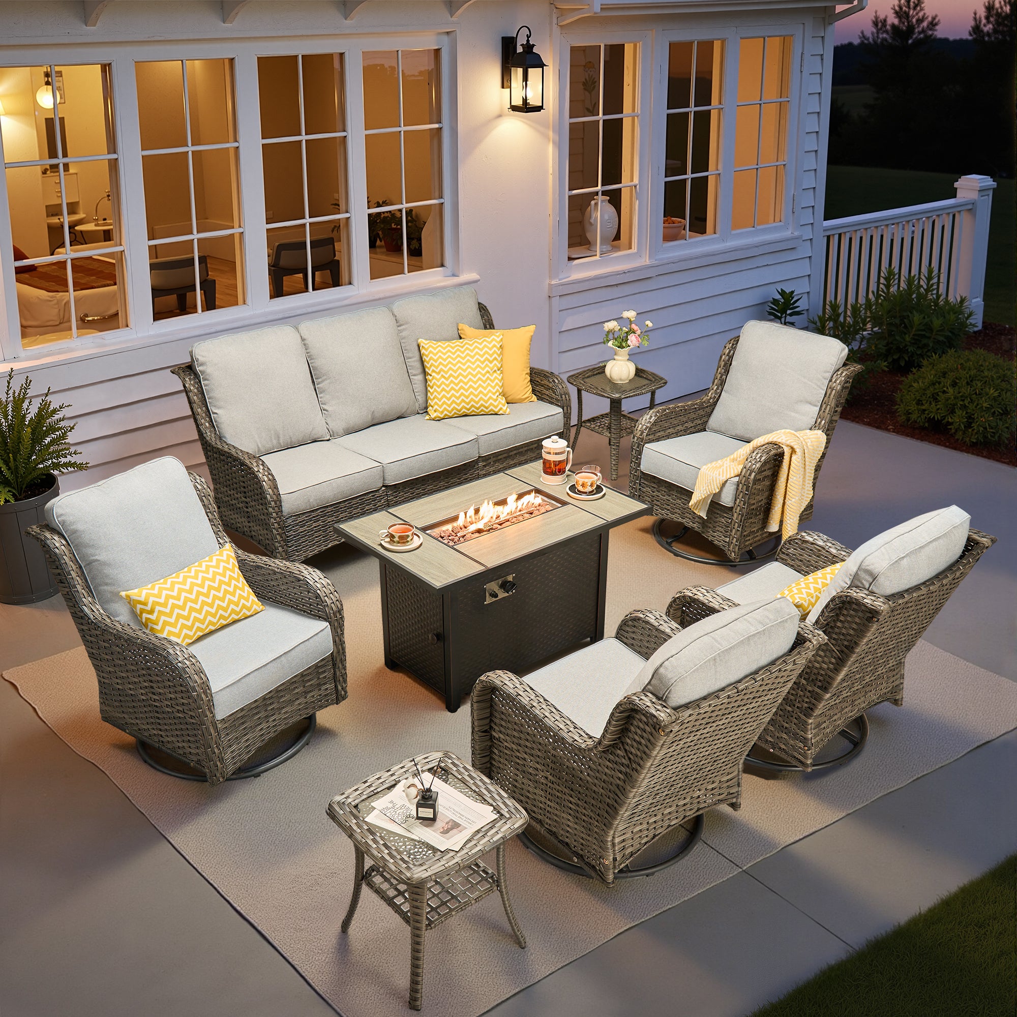 Ovios 5 Piece Outdoor Patio Furniture Set All-Weather Wicker Rattan Conversation Set with High Back Swivel Chairs & Propane Fire Pit Table, Denim Blue