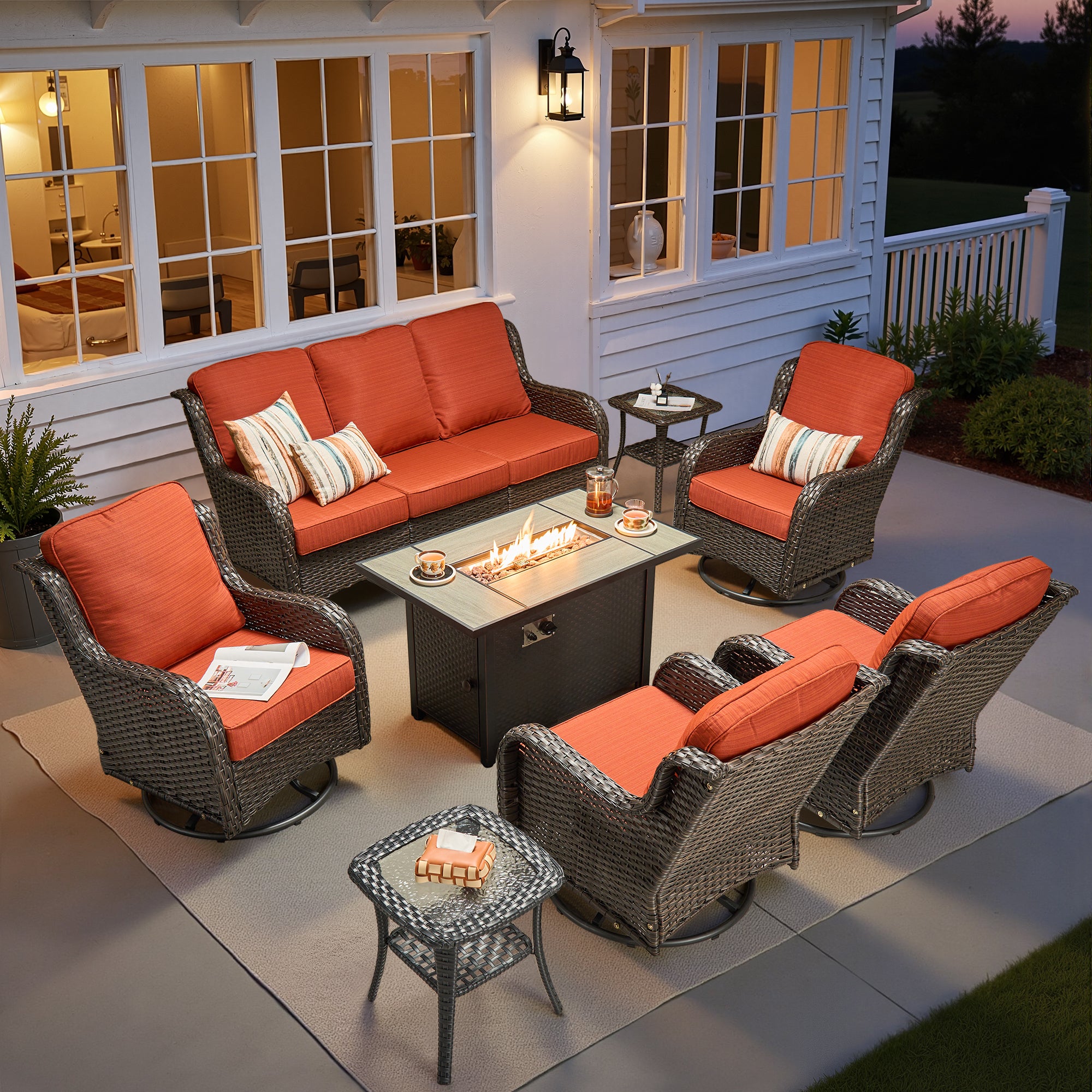 Ovios 5 Piece Outdoor Patio Furniture Set All-Weather Wicker Rattan Conversation Set with High Back Swivel Chairs & Propane Fire Pit Table, Denim Blue