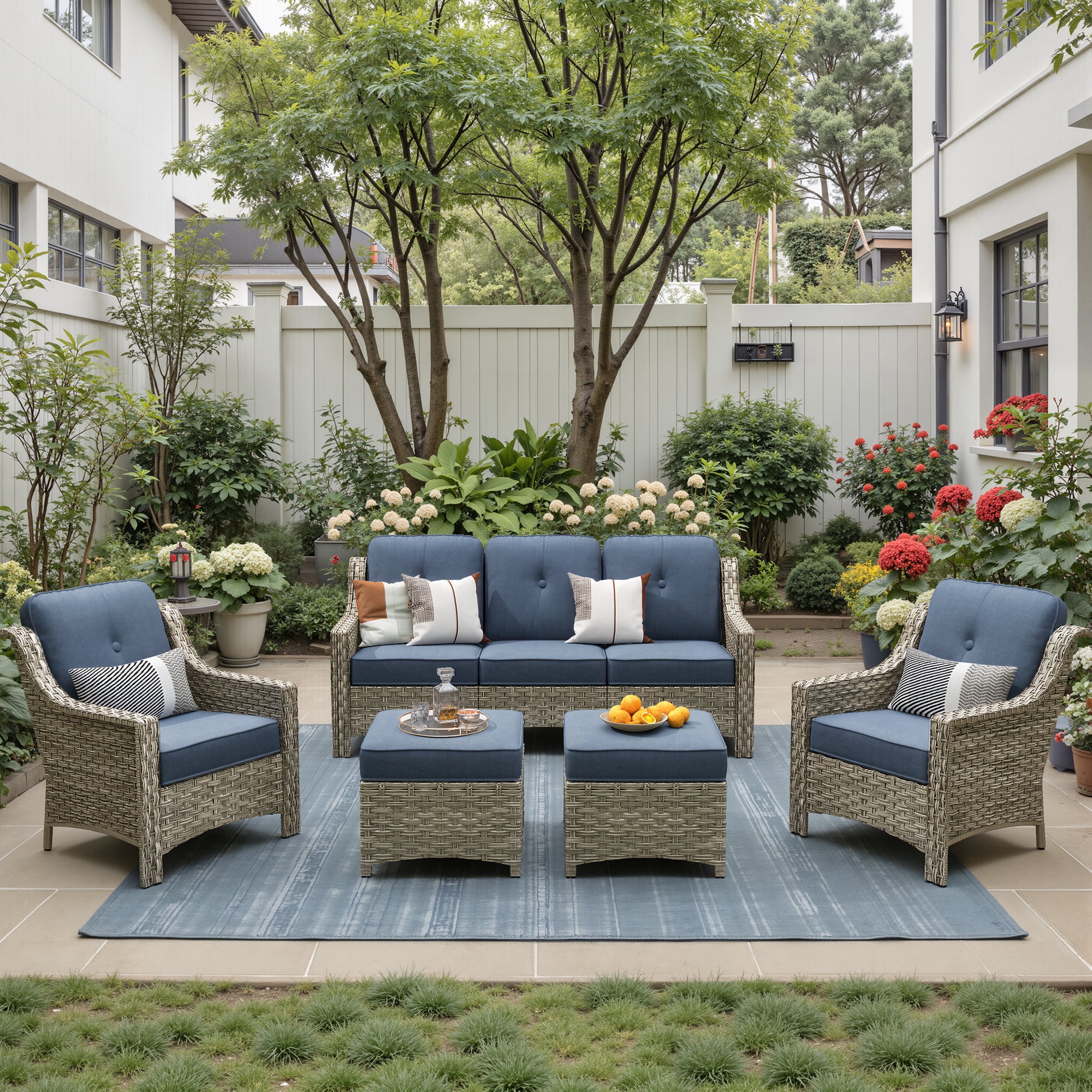 Ovios 6 Pieces Outdoor Furniture Set High Back All-Weather Wicker Patio Conversation Set with Ottomans & Solar Light Coffee Table, Black
