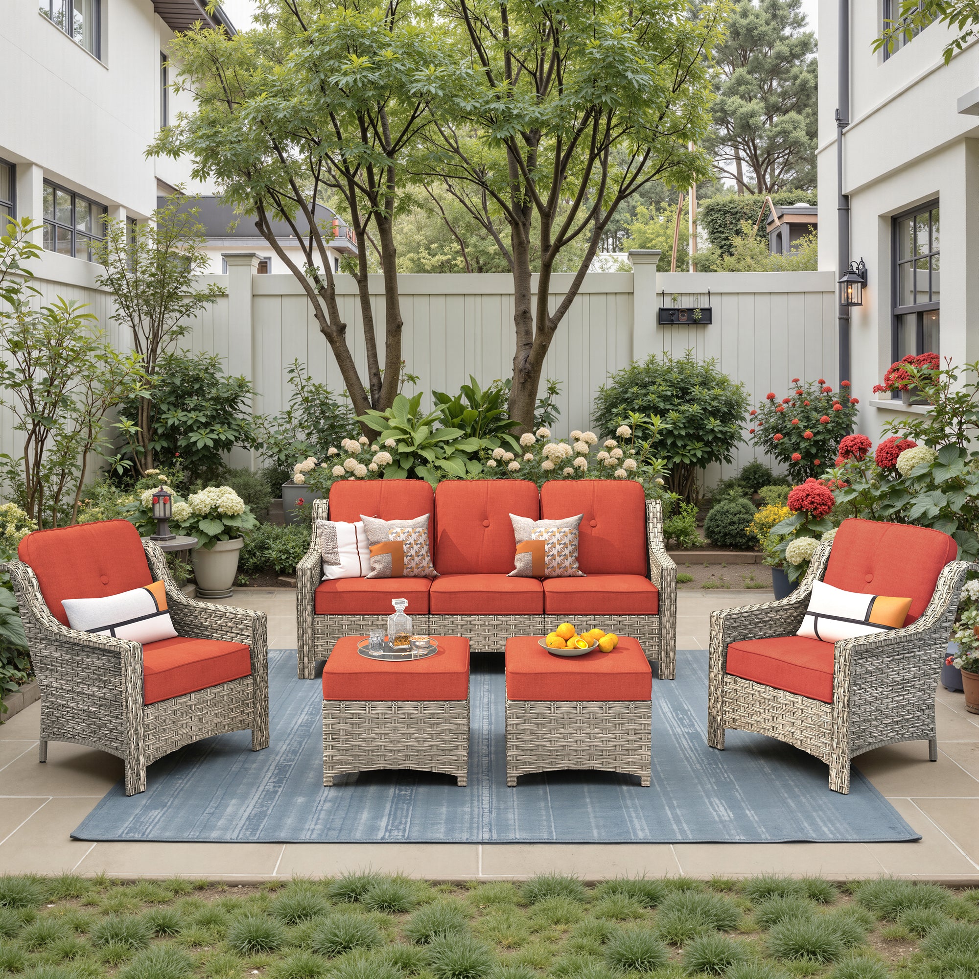 Ovios 6 Pieces Outdoor Furniture Set High Back All-Weather Wicker Patio Conversation Set with Ottomans & Solar Light Coffee Table, Black