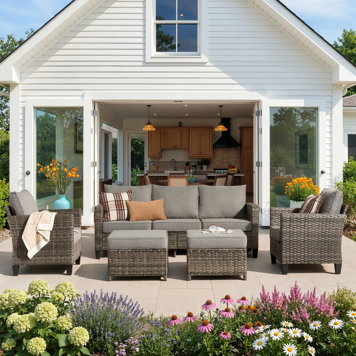 Ovios 5-Piece Outdoor Patio Furniture Set All-Weather Wicker Sectional Sofa Conversation Set with 2 Ottomans