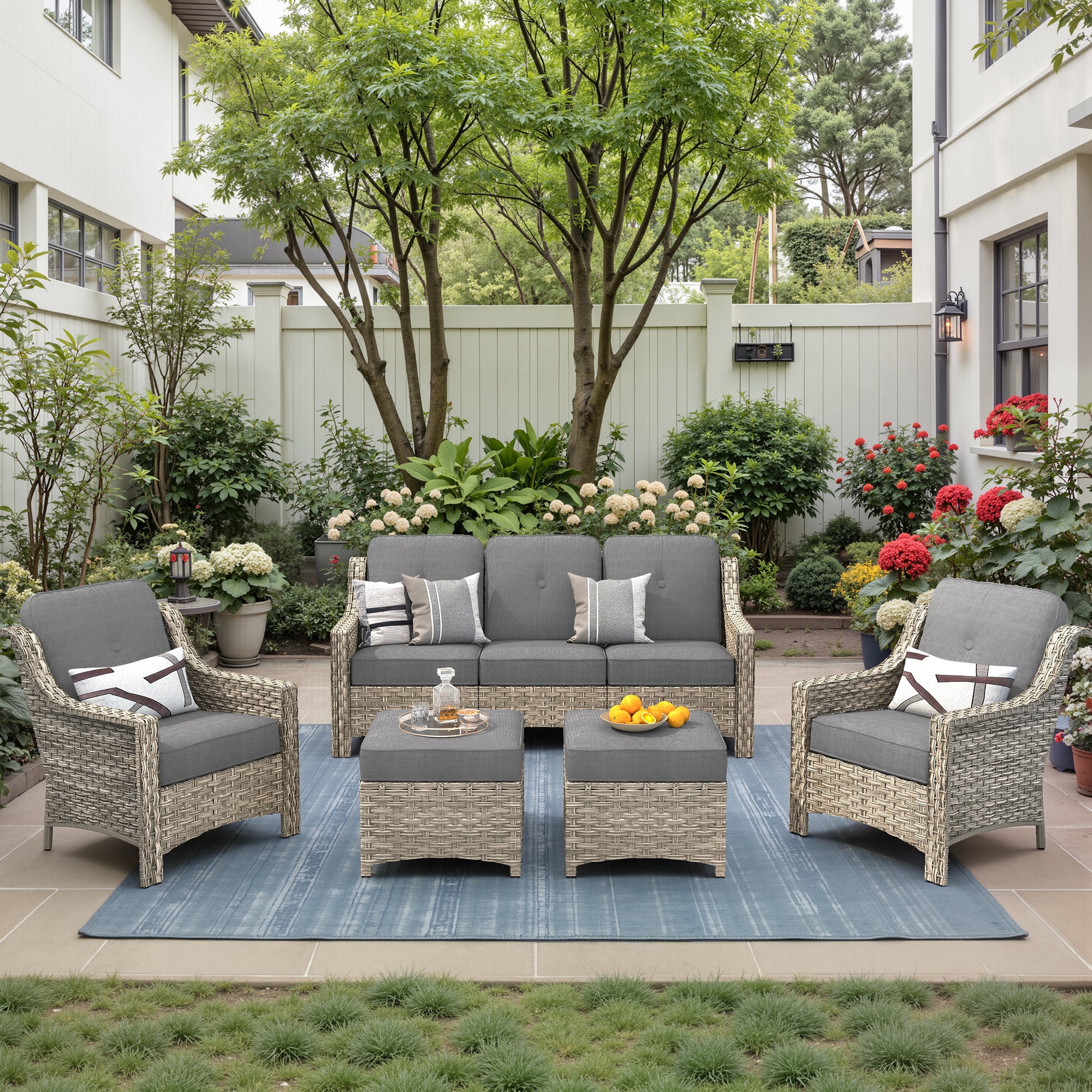 Ovios 6 Pieces Outdoor Furniture Set High Back All-Weather Wicker Patio Conversation Set with Ottomans & Solar Light Coffee Table, Black