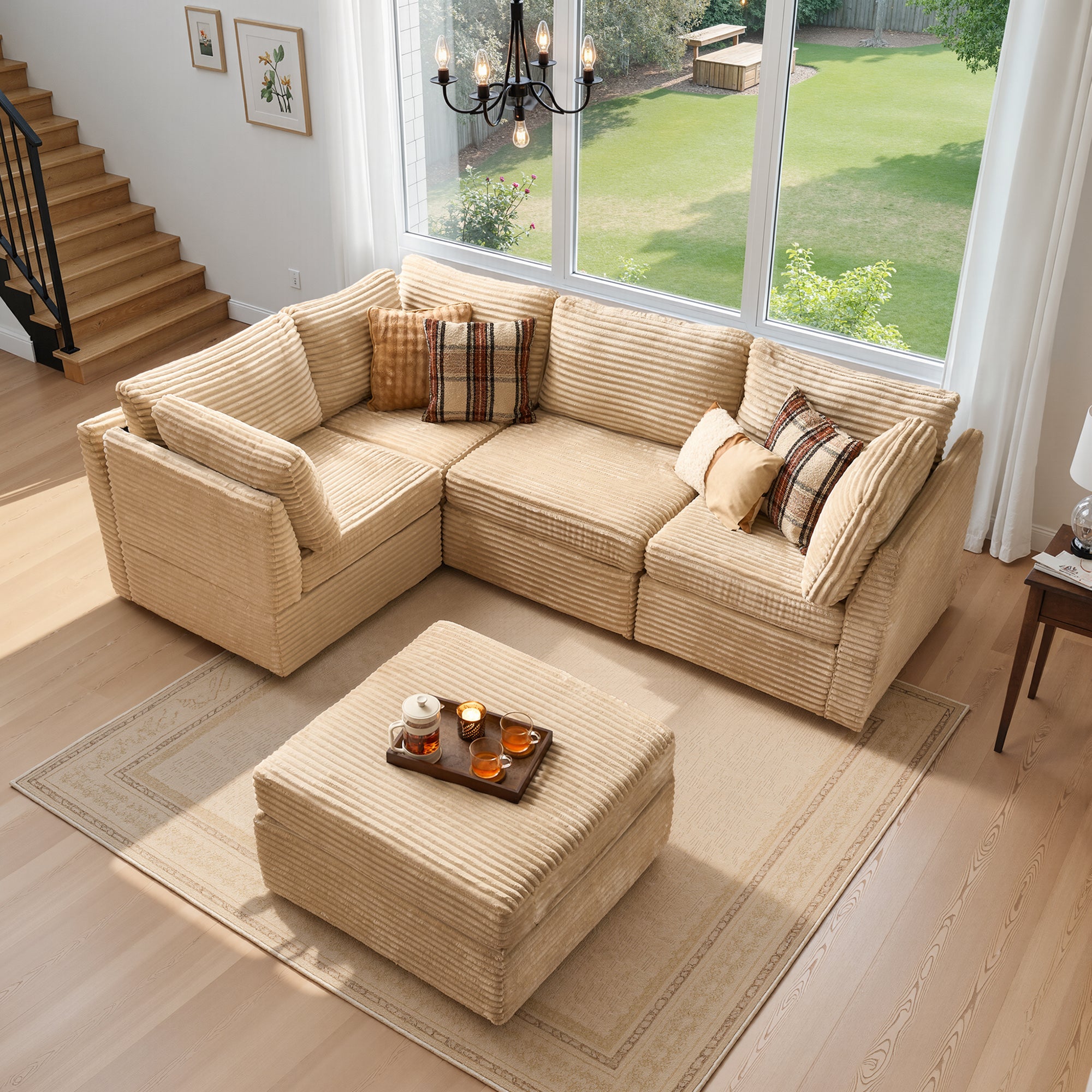 Ovios 95" Modular Couch with Ottoman, Modern Plush Corduroy Cloud Sectional Sofa