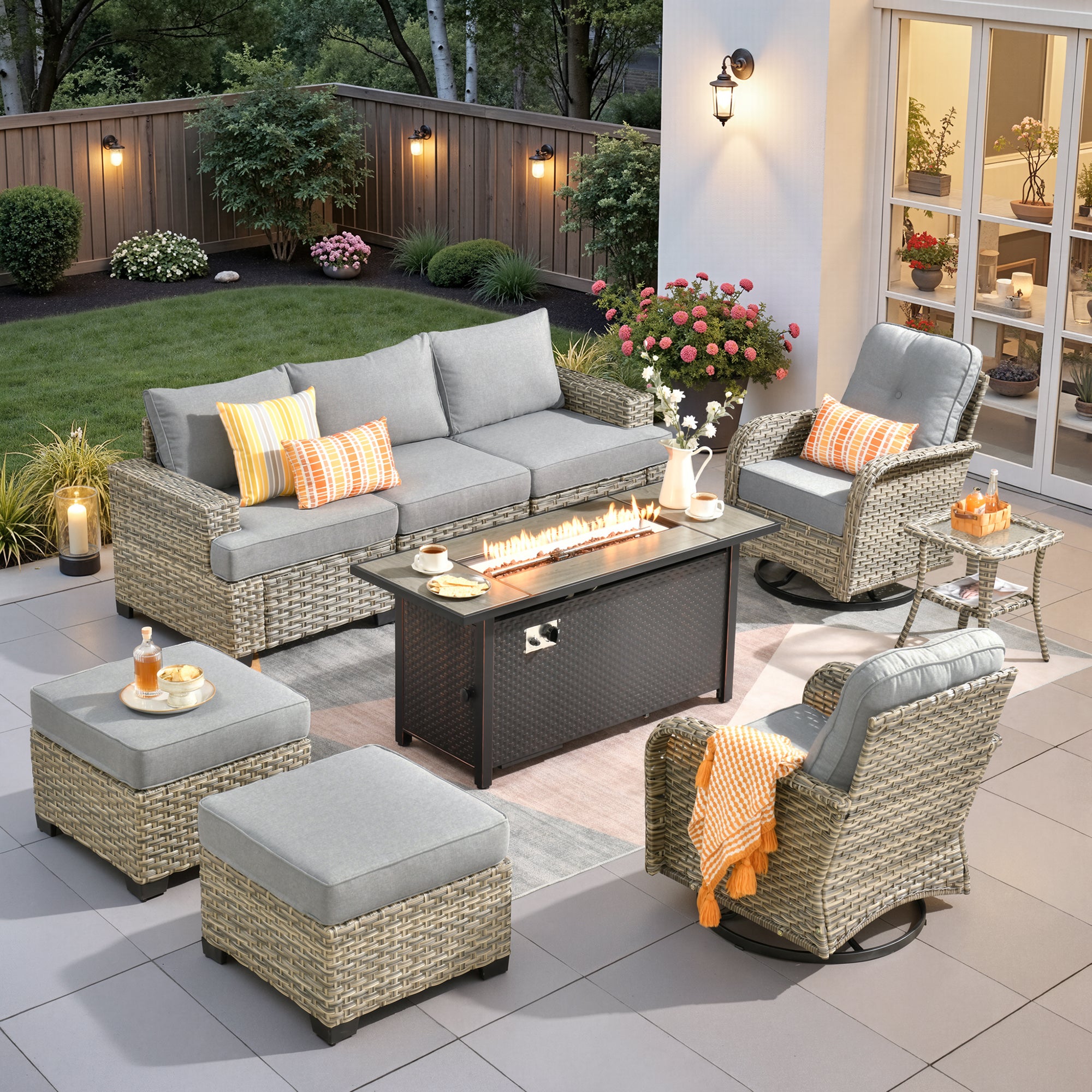 Ovios 9 Pieces Outdoor Patio Sectional Furniture with Gas Propane Fire Pit Table All-Weather Rattan Wicker Conversation Set with Swivel Glider Rocking Chair for Backyard