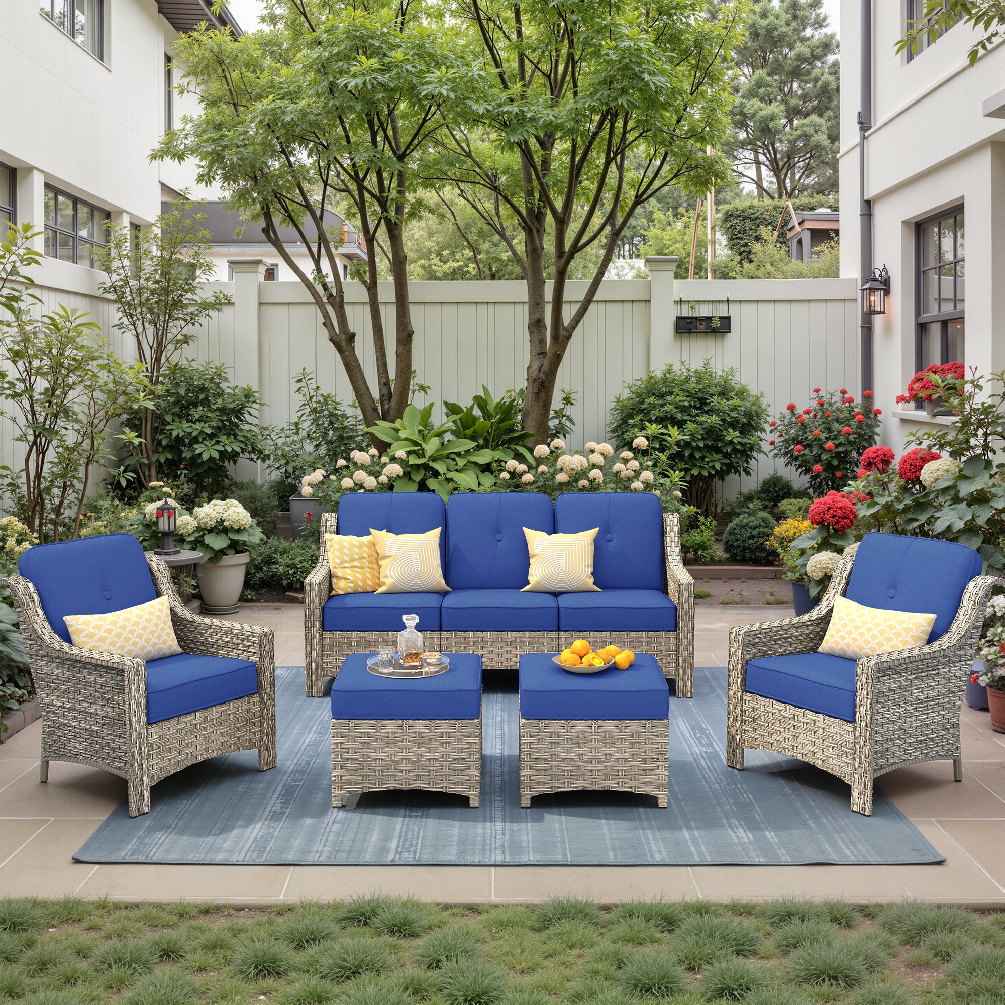 Ovios 6 Pieces Outdoor Furniture Set High Back All-Weather Wicker Patio Conversation Set with Ottomans & Solar Light Coffee Table, Black
