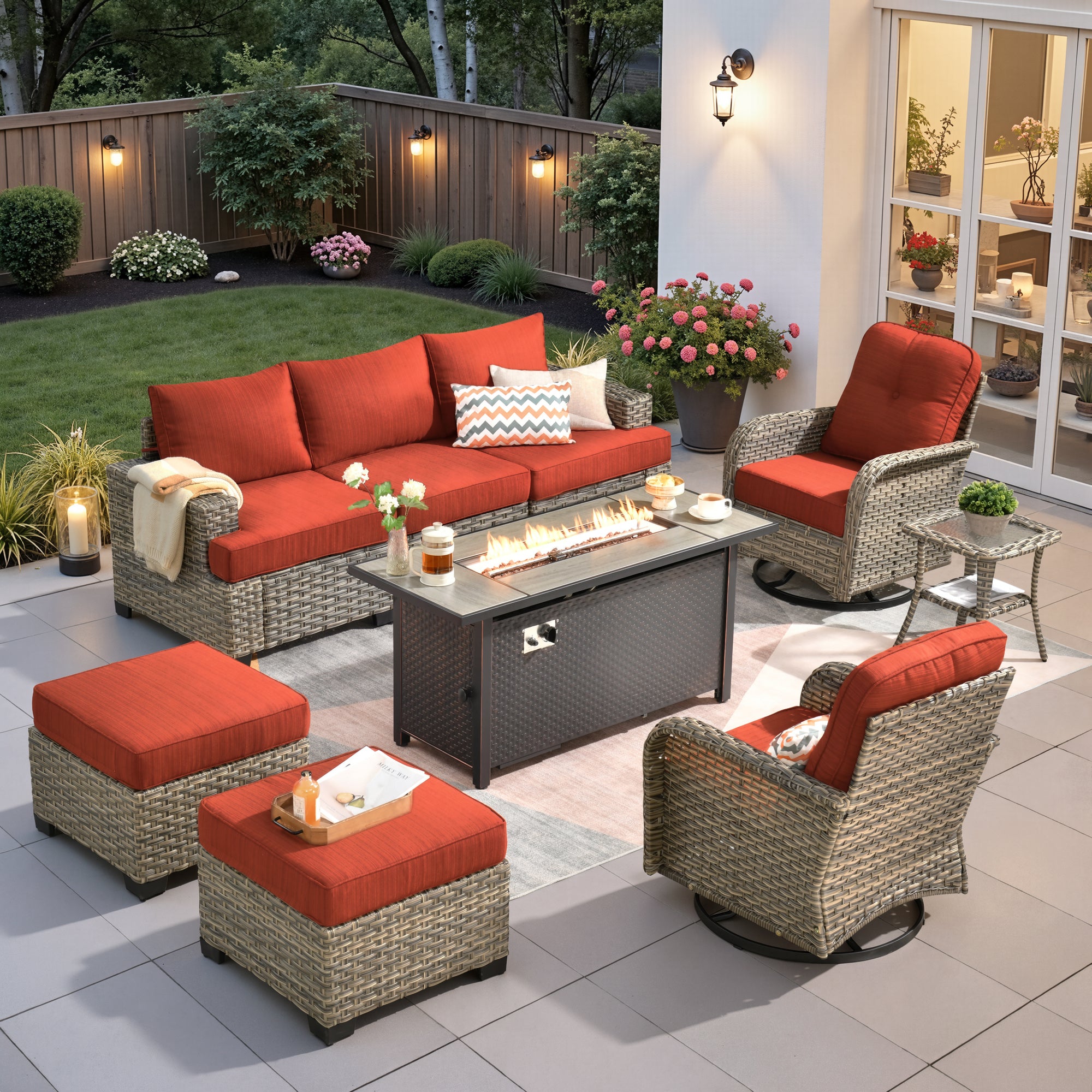 Ovios 9 Pieces Outdoor Patio Sectional Furniture with Gas Propane Fire Pit Table All-Weather Rattan Wicker Conversation Set with Swivel Glider Rocking Chair for Backyard
