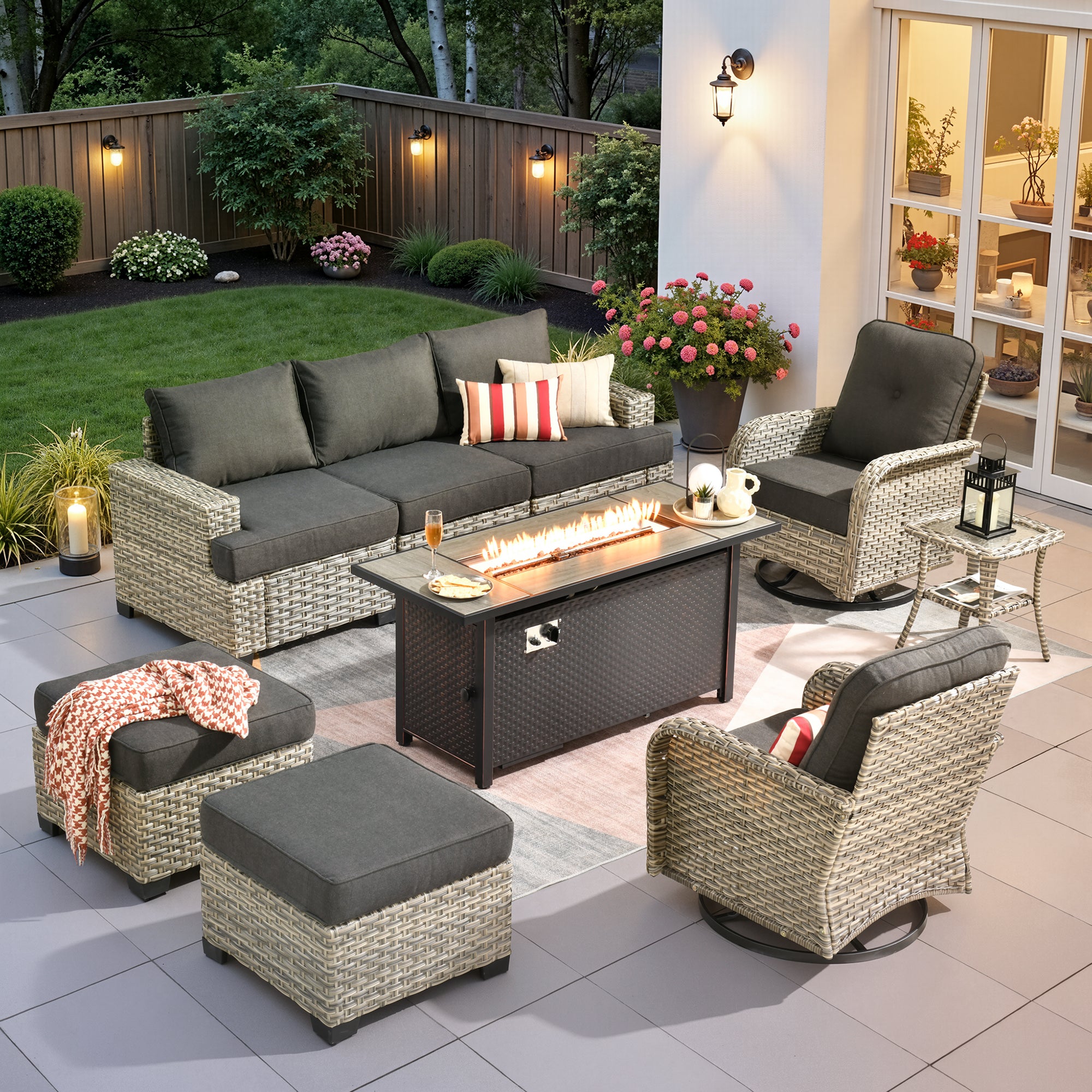 Ovios 9 Pieces Outdoor Patio Sectional Furniture with Gas Propane Fire Pit Table All-Weather Rattan Wicker Conversation Set with Swivel Glider Rocking Chair for Backyard