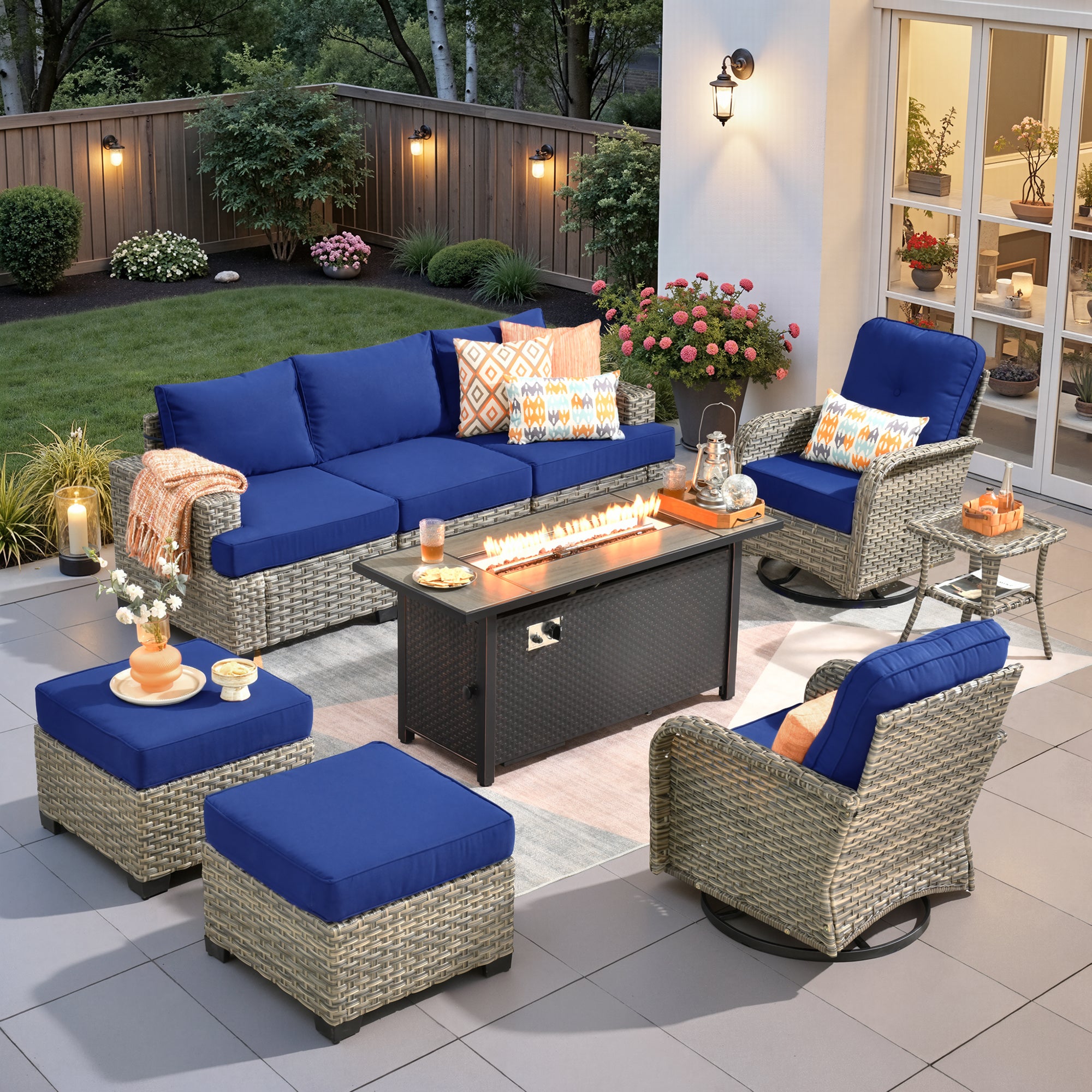 Ovios 9 Pieces Outdoor Patio Sectional Furniture with Gas Propane Fire Pit Table All-Weather Rattan Wicker Conversation Set with Swivel Glider Rocking Chair for Backyard