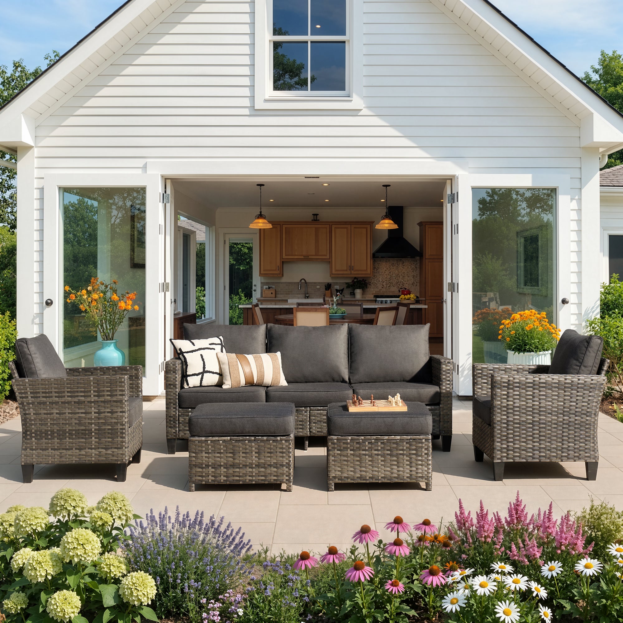 Ovios 5-Piece Outdoor Patio Furniture Set All-Weather Wicker Sectional Sofa Conversation Set with 2 Ottomans