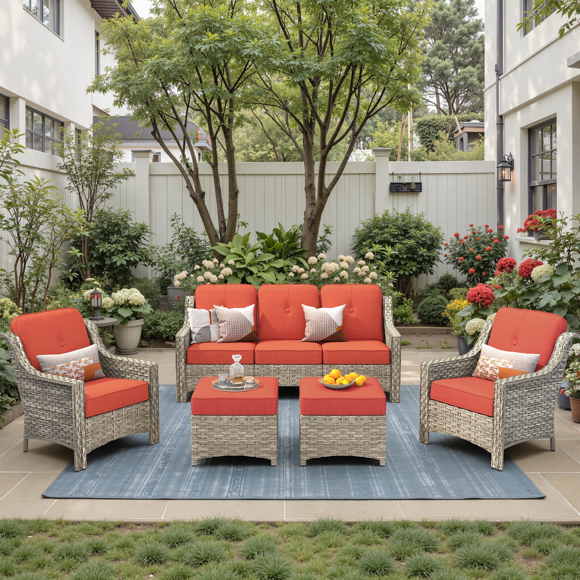 Ovios 6 Pieces Outdoor Furniture Set High Back All-Weather Wicker Patio Conversation Set with Ottomans & Solar Light Coffee Table, Black