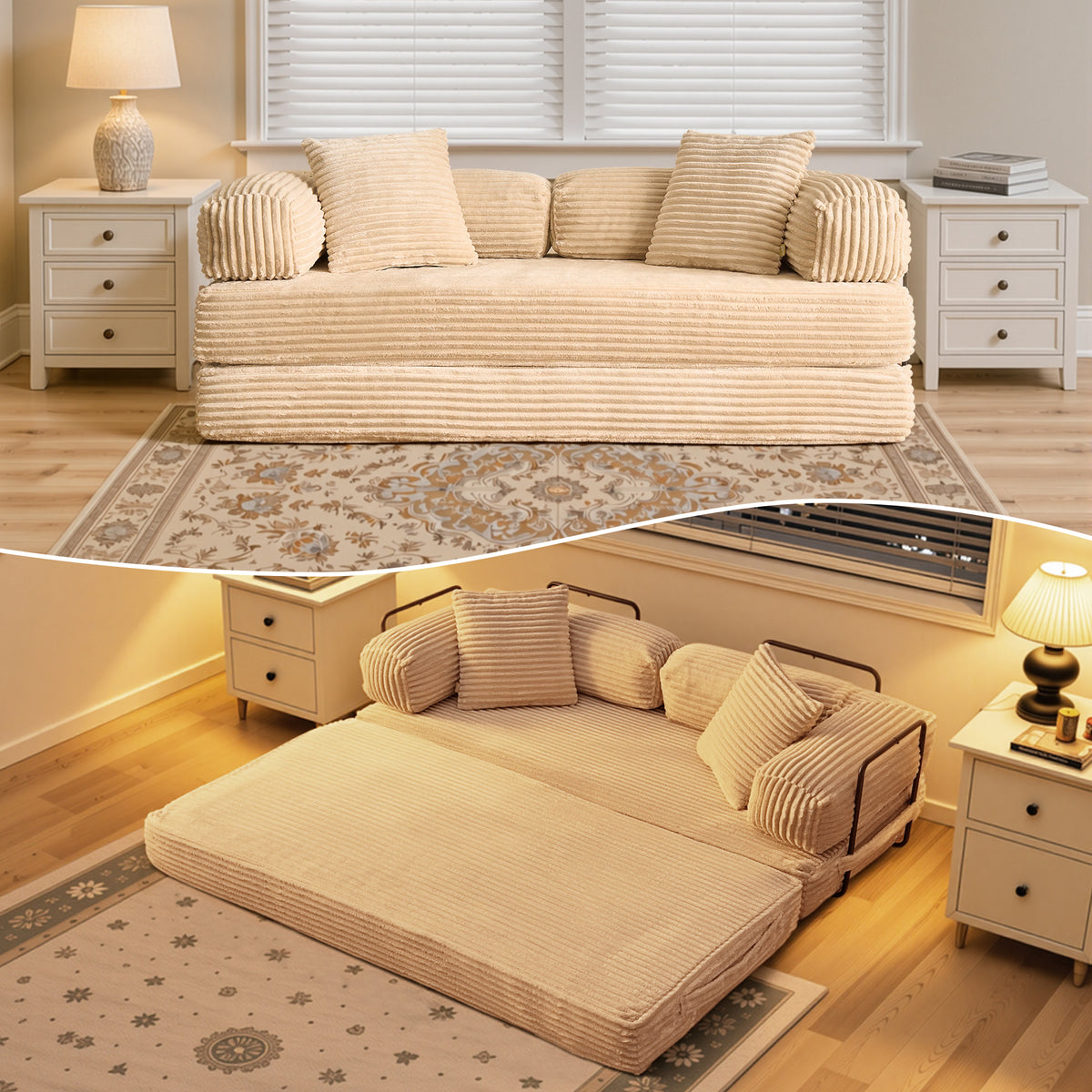 Ovios 80.5" Convertible Sofa Bed,5-in-1 Plush Corduroy Cloud Boneless Couch Futon Sleeper Loveseat for Living Room
