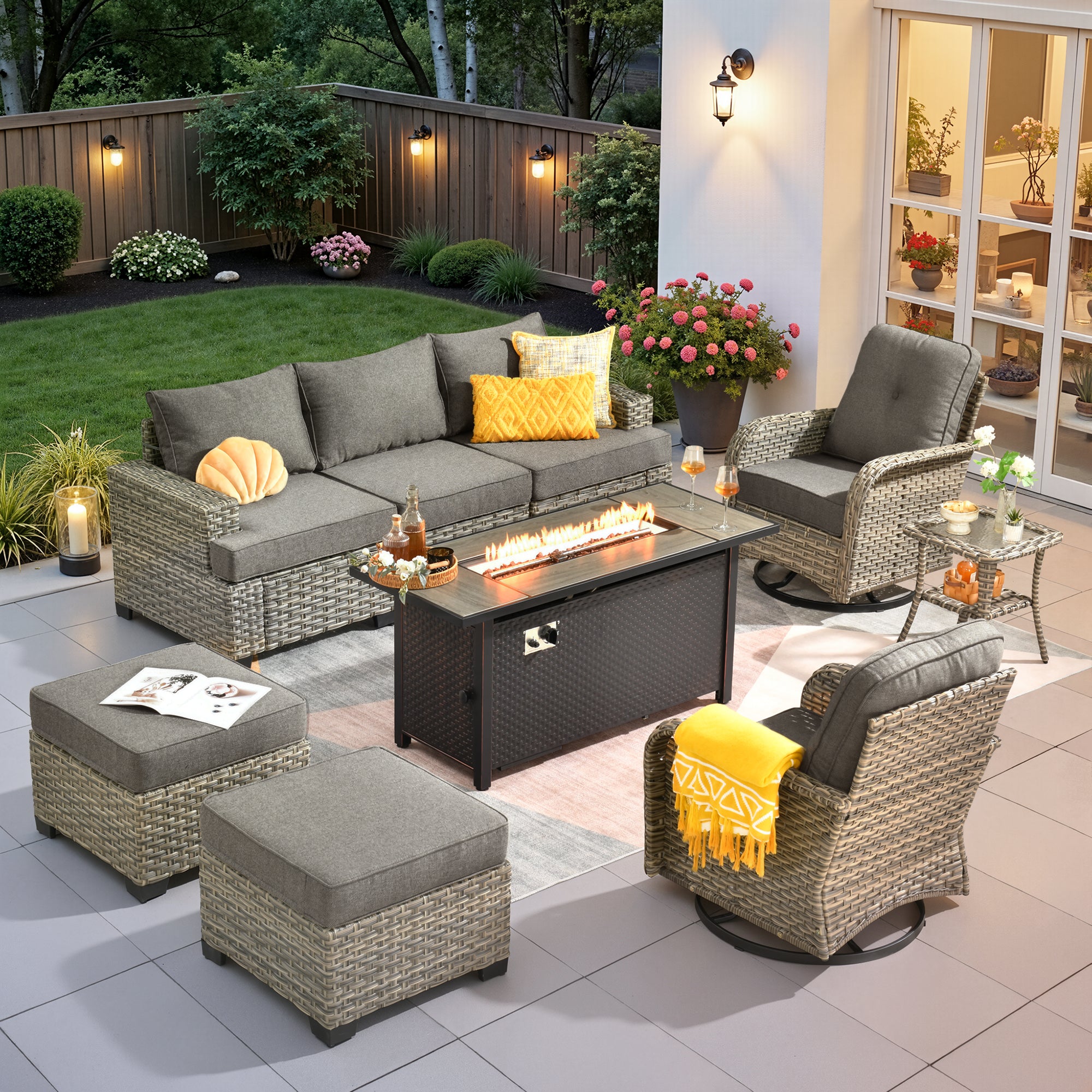 Ovios 9 Pieces Outdoor Patio Sectional Furniture with Gas Propane Fire Pit Table All-Weather Rattan Wicker Conversation Set with Swivel Glider Rocking Chair for Backyard