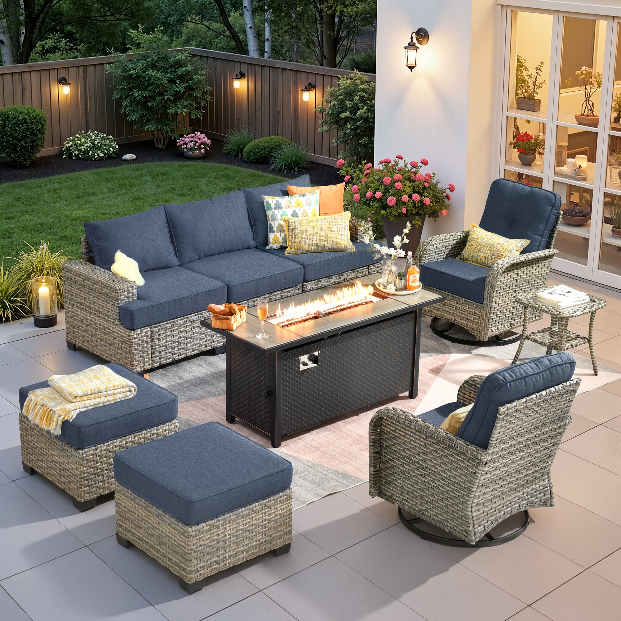 Ovios 9 Pieces Outdoor Patio Sectional Furniture with Gas Propane Fire Pit Table All-Weather Rattan Wicker Conversation Set with Swivel Glider Rocking Chair for Backyard