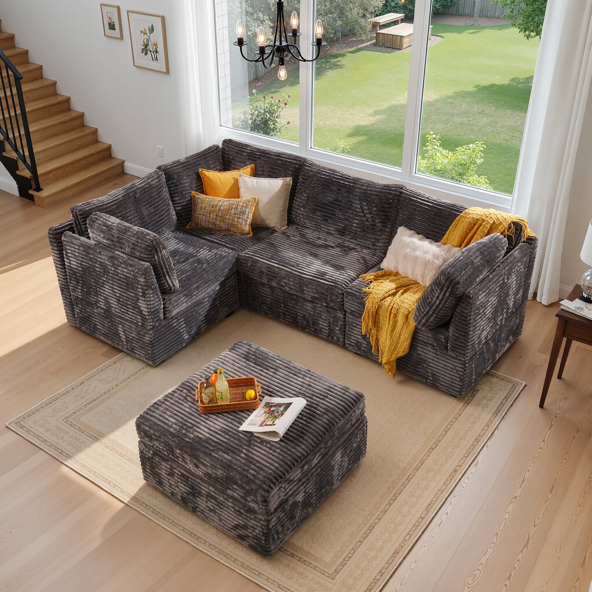 Ovios 95" Modular Couch with Ottoman, Modern Plush Corduroy Cloud Sectional Sofa