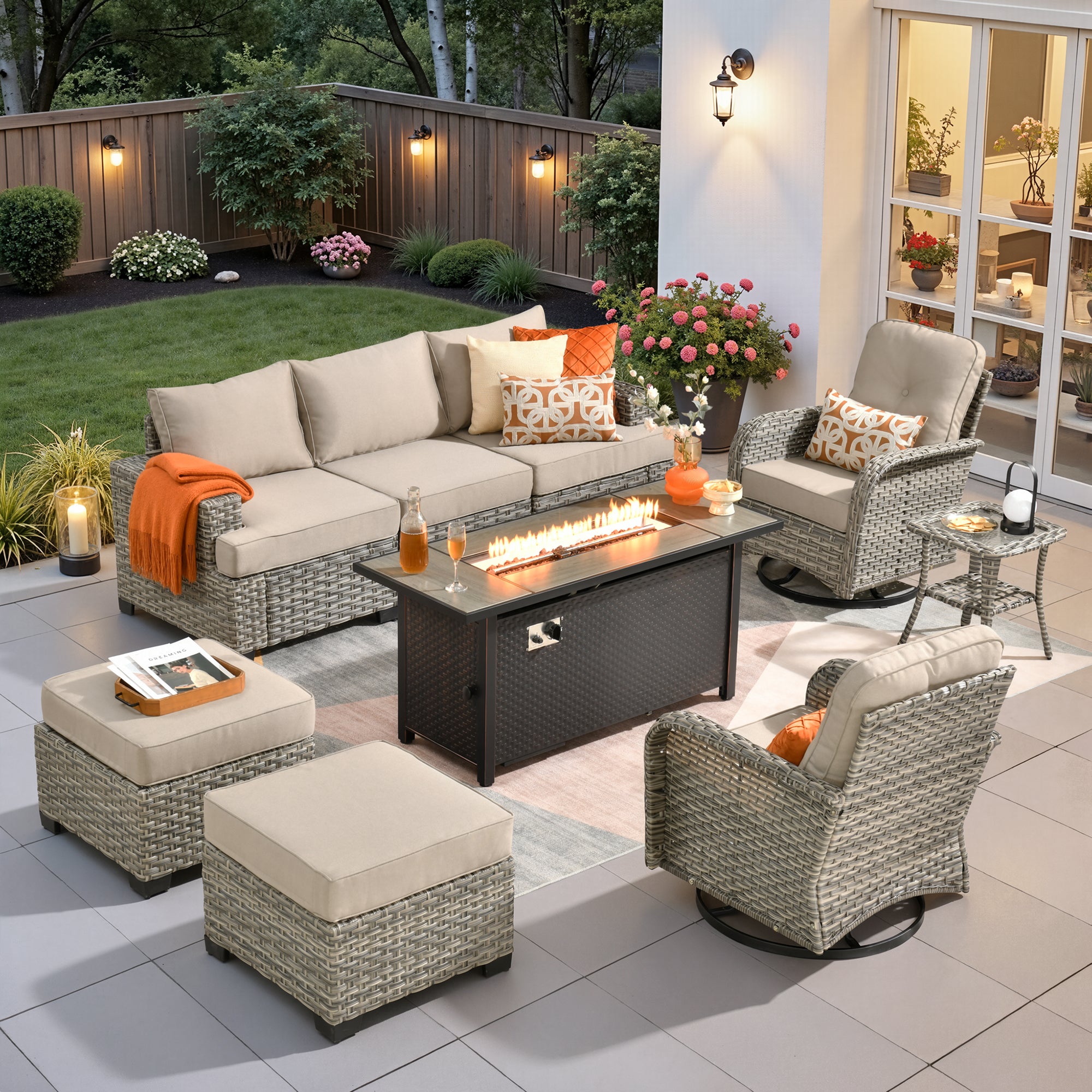 Ovios 9 Pieces Outdoor Patio Sectional Furniture with Gas Propane Fire Pit Table All-Weather Rattan Wicker Conversation Set with Swivel Glider Rocking Chair for Backyard