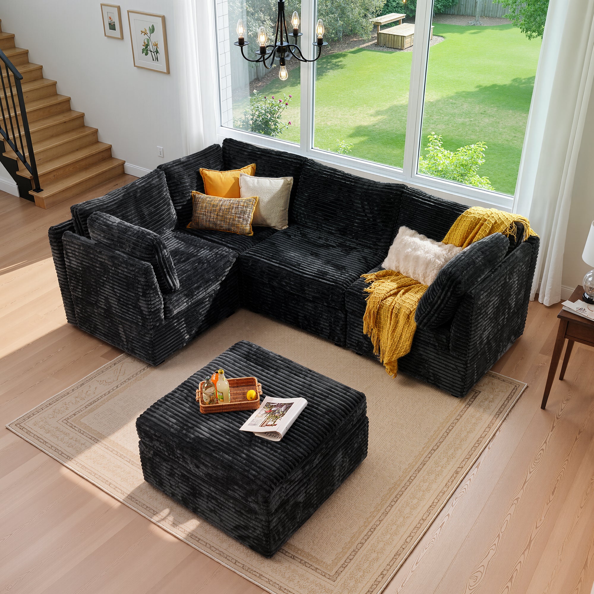 Ovios 95" Modular Couch with Ottoman, Modern Plush Corduroy Cloud Sectional Sofa