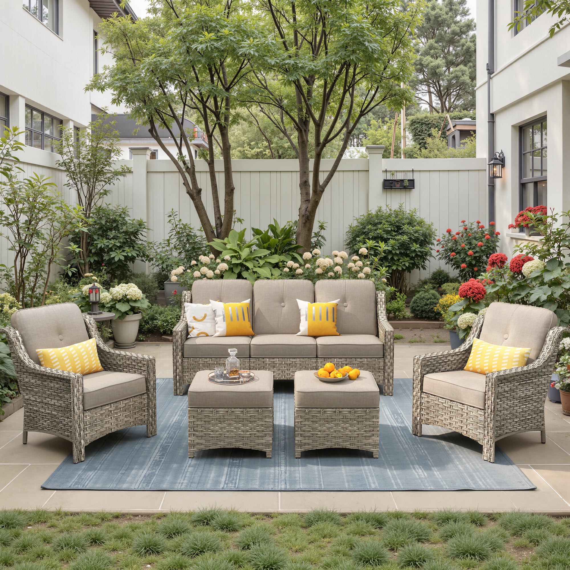 Ovios 6 Pieces Outdoor Furniture Set High Back All-Weather Wicker Patio Conversation Set with Ottomans & Solar Light Coffee Table, Black