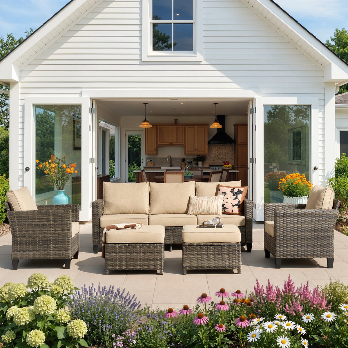 Ovios 5-Piece Outdoor Patio Furniture Set All-Weather Wicker Sectional Sofa Conversation Set with 2 Ottomans
