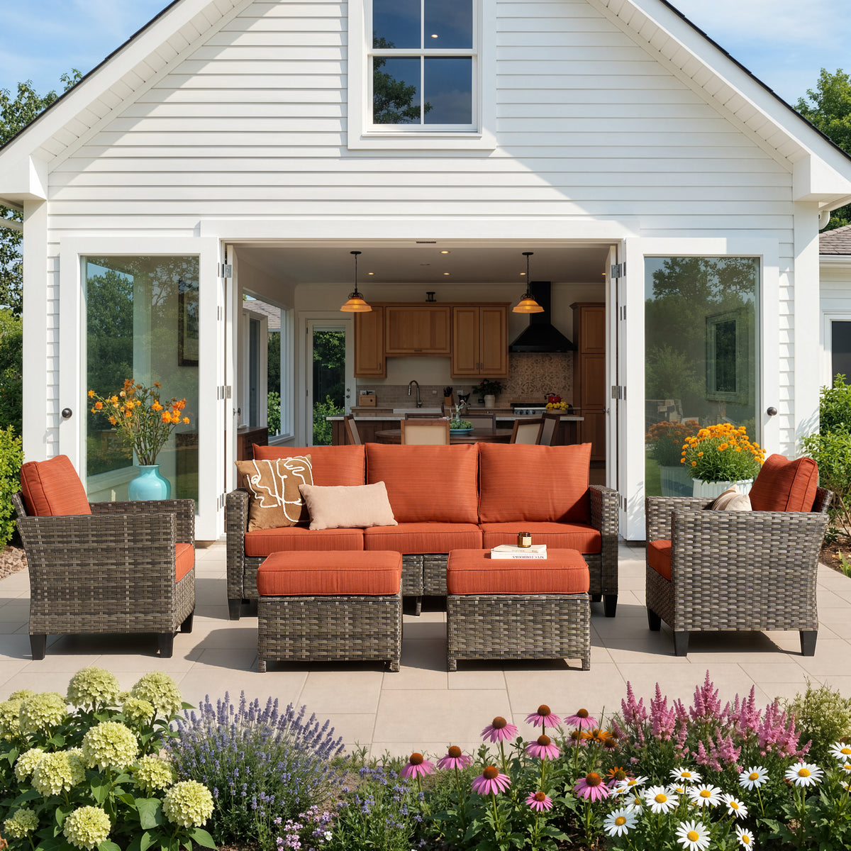 Ovios 5-Piece Outdoor Patio Furniture Set All-Weather Wicker Sectional Sofa Conversation Set with 2 Ottomans