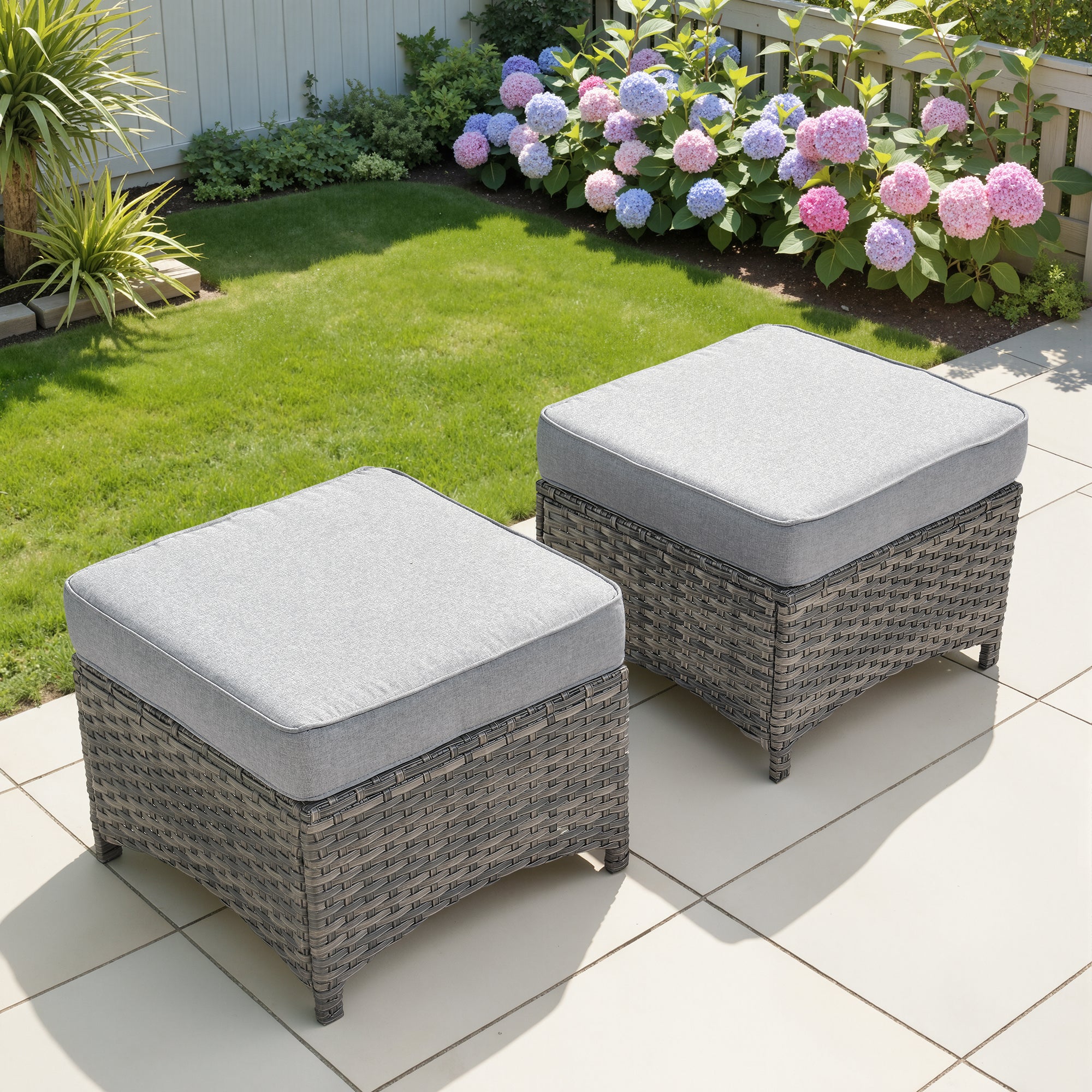 Ovios Outdoor Patio Ottoman with Cushion Wicker Coffee Table Extra Seat for Garden, Backyard, Porch, or Balcony