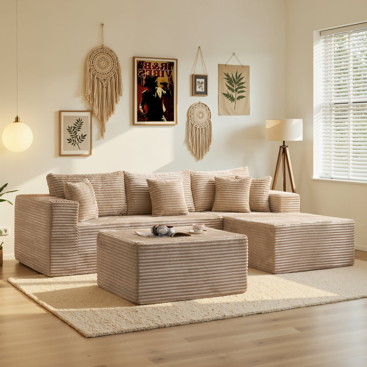 Ovios 108" Boneless Couch L Shape Cloud Modular Sectional Couch with Chaise & Ottoman, Comfy Corduroy Sofa for Living Room, Apartment