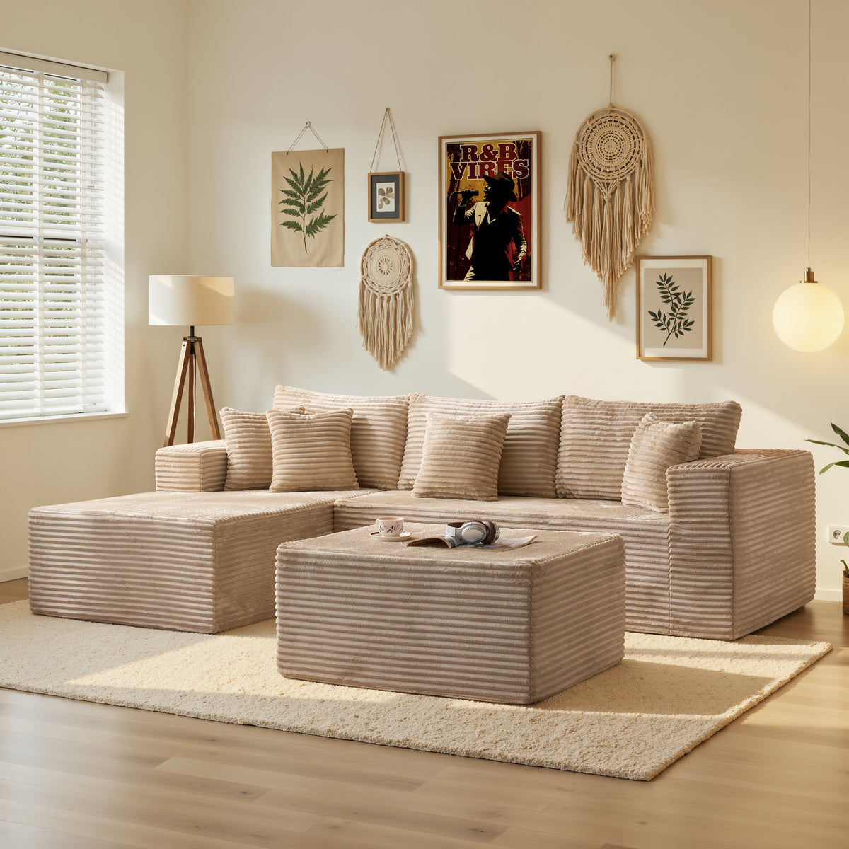 Ovios 108" Boneless Couch L Shape Cloud Modular Sectional Couch with Chaise & Ottoman, Comfy Corduroy Sofa for Living Room, Apartment