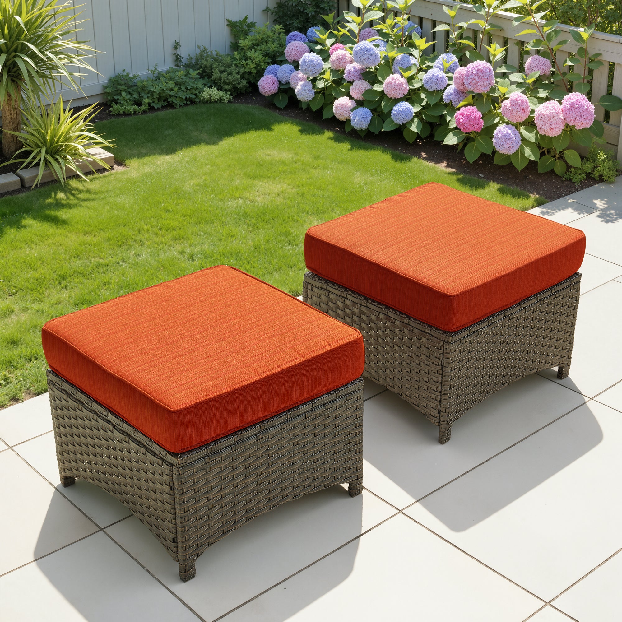 Ovios Outdoor Patio Ottoman with Cushion Wicker Coffee Table Extra Seat for Garden, Backyard, Porch, or Balcony