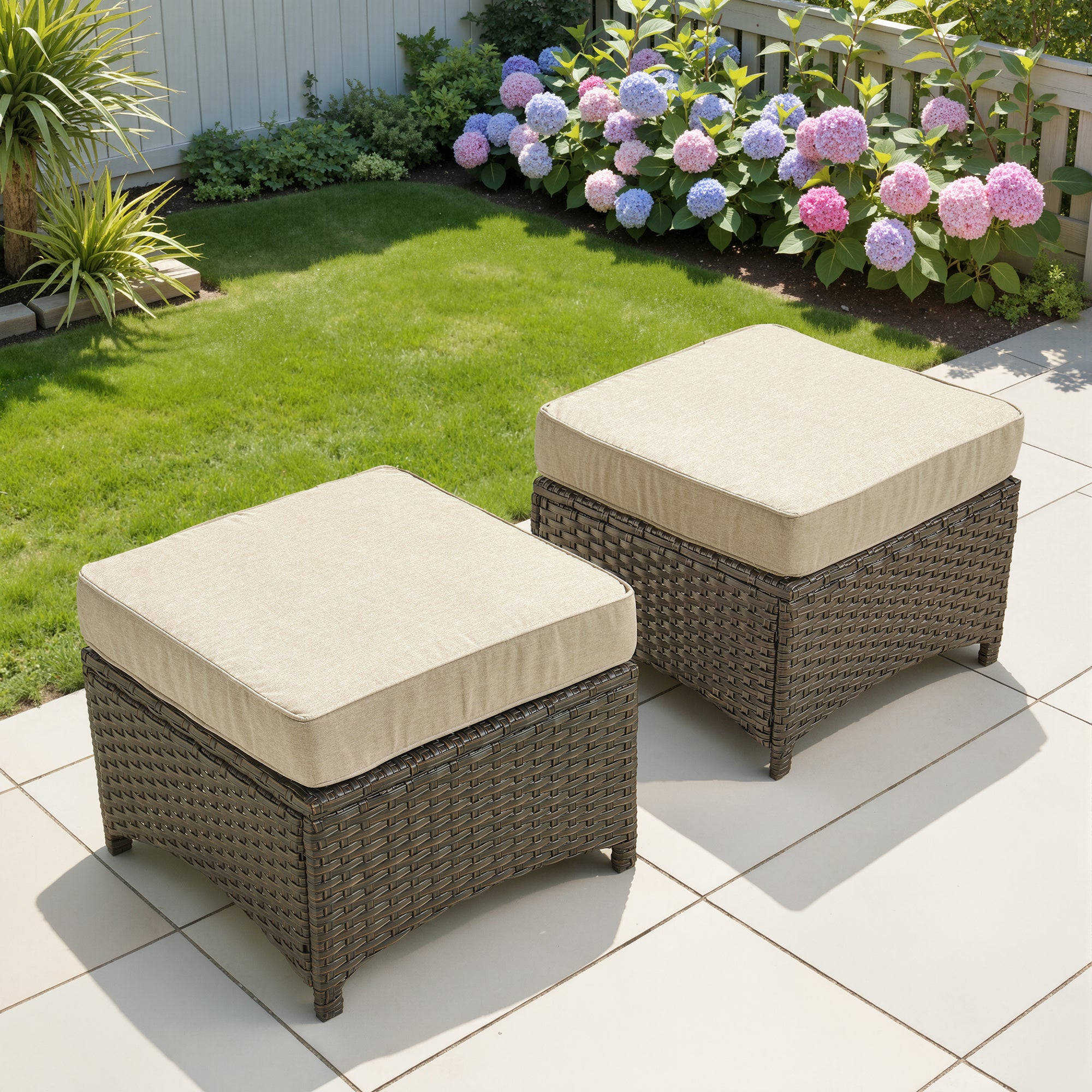 Ovios Outdoor Patio Ottoman with Cushion Wicker Coffee Table Extra Seat for Garden, Backyard, Porch, or Balcony