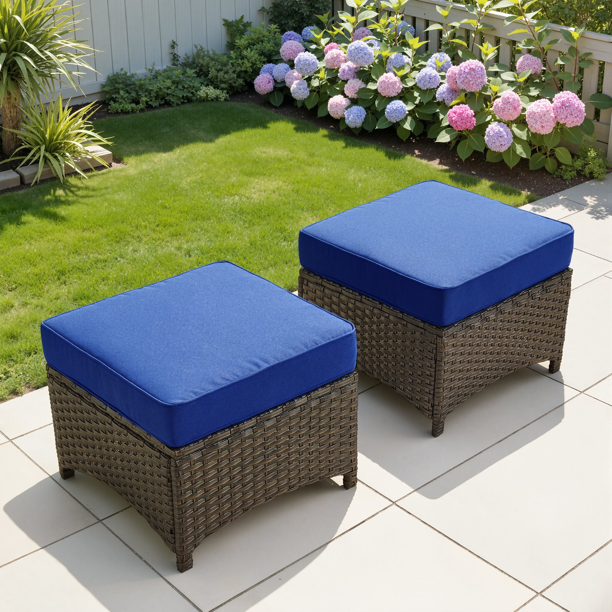 Ovios Outdoor Patio Ottoman with Cushion Wicker Coffee Table Extra Seat for Garden, Backyard, Porch, or Balcony
