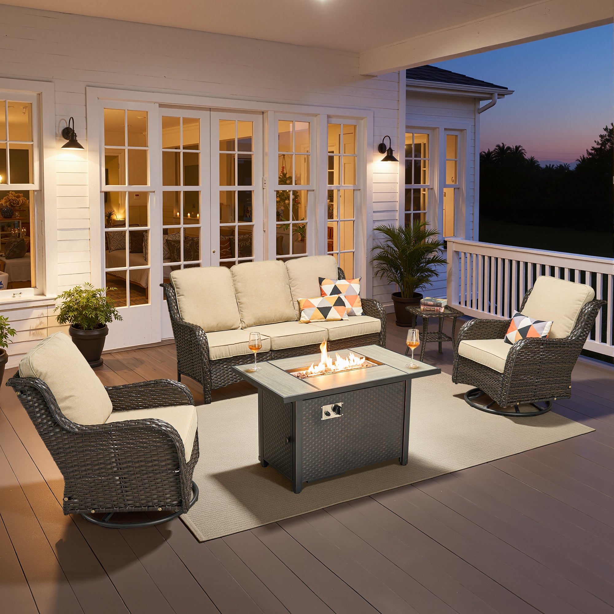 Ovios 5 Piece Outdoor Patio Furniture Set All-Weather Wicker Rattan Conversation Set with High Back Swivel Chairs & Propane Fire Pit Table, Denim Blue