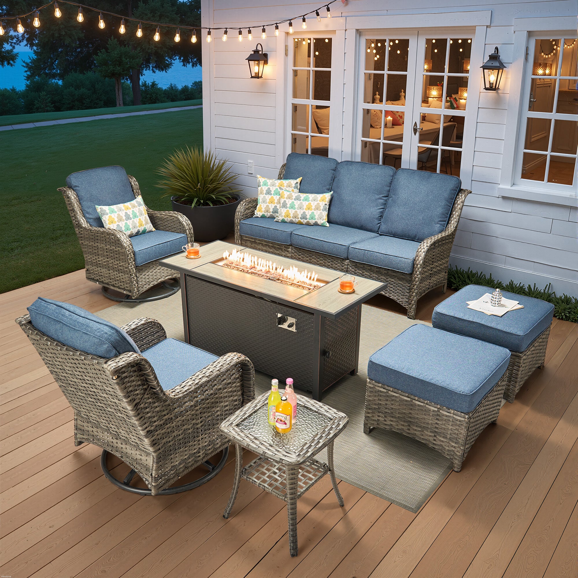 Ovios 5 Piece Outdoor Patio Furniture Set All-Weather Wicker Rattan Conversation Set with High Back Swivel Chairs & Propane Fire Pit Table, Denim Blue
