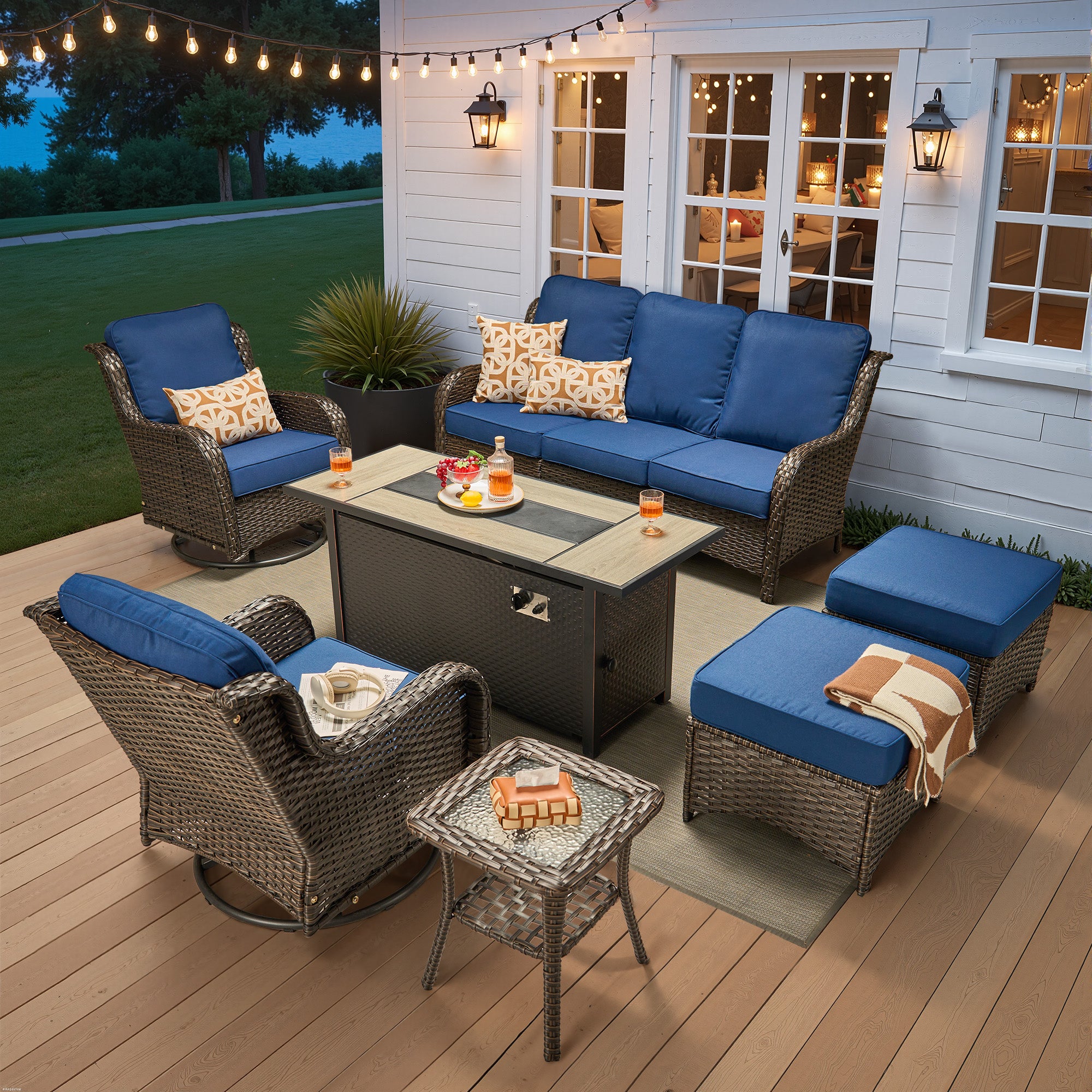 Ovios 5 Piece Outdoor Patio Furniture Set All-Weather Wicker Rattan Conversation Set with High Back Swivel Chairs & Propane Fire Pit Table, Denim Blue