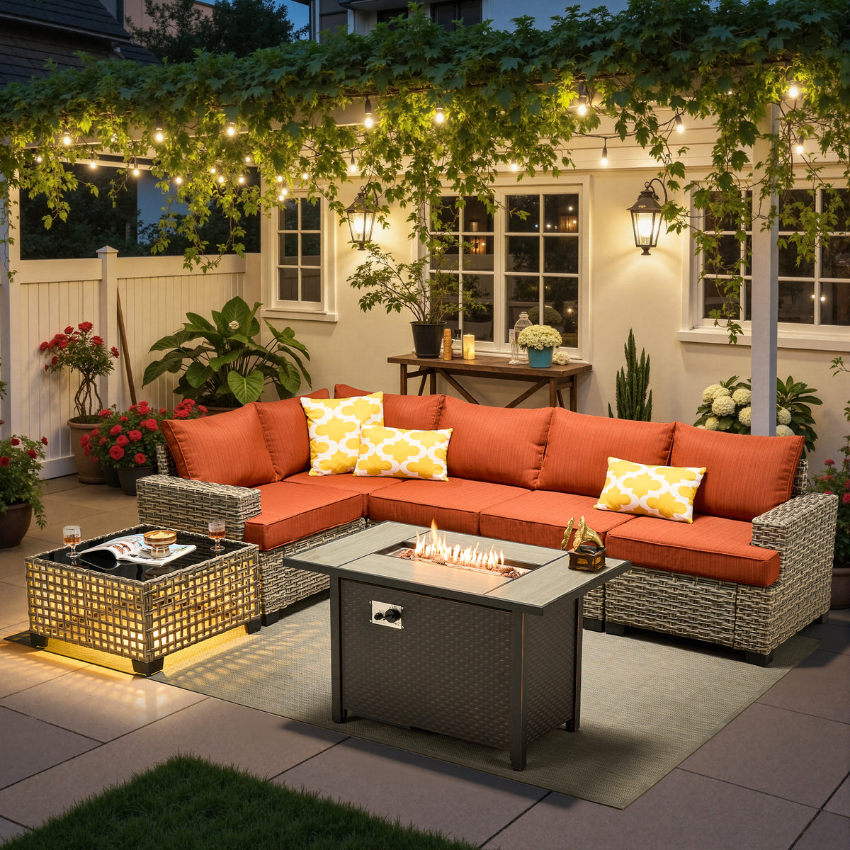 Ovios 7 Pieces Patio Furniture Conversation Set, Wicker Rattan Outdoor Sectional Sofa with Fire Pit Table and Smart Lighted Table