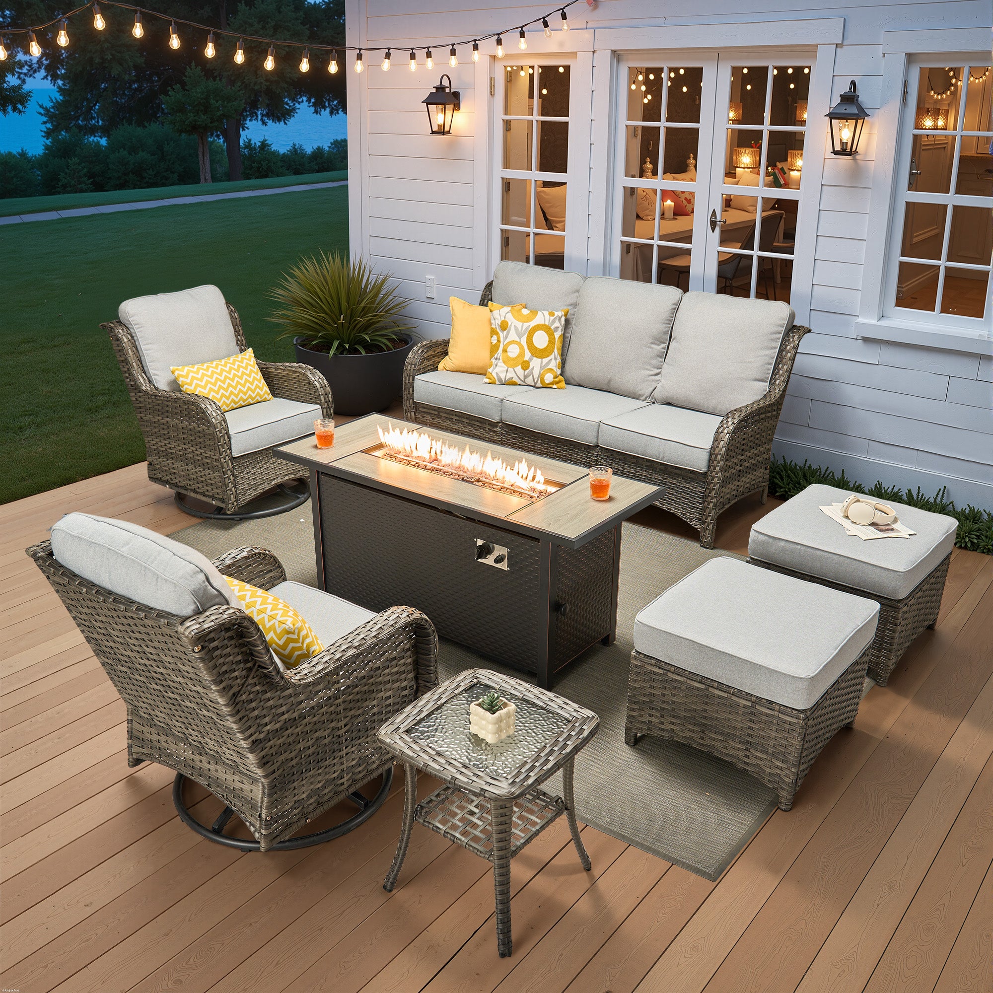 Ovios 5 Piece Outdoor Patio Furniture Set All-Weather Wicker Rattan Conversation Set with High Back Swivel Chairs & Propane Fire Pit Table, Denim Blue