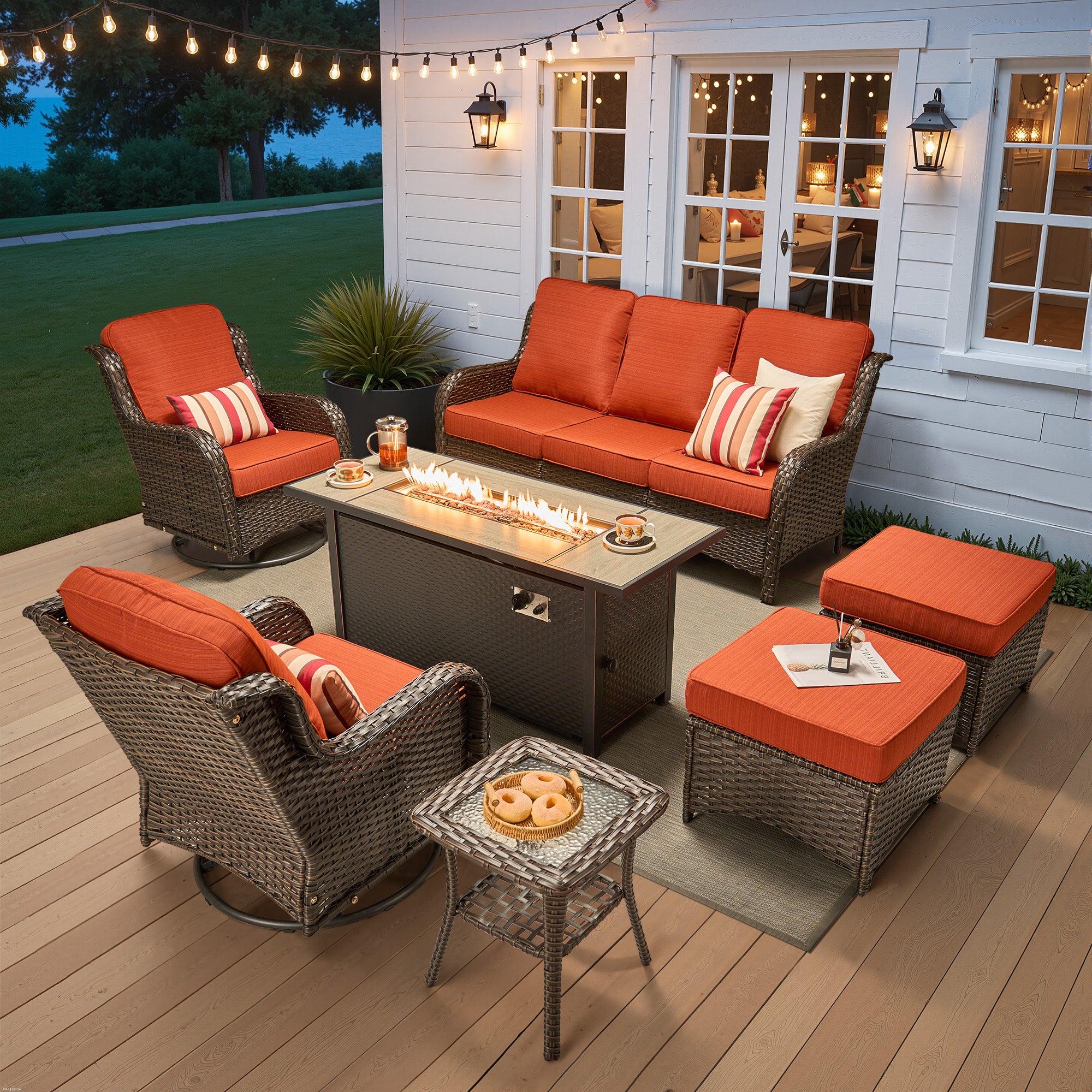 Ovios 5 Piece Outdoor Patio Furniture Set All-Weather Wicker Rattan Conversation Set with High Back Swivel Chairs & Propane Fire Pit Table, Denim Blue