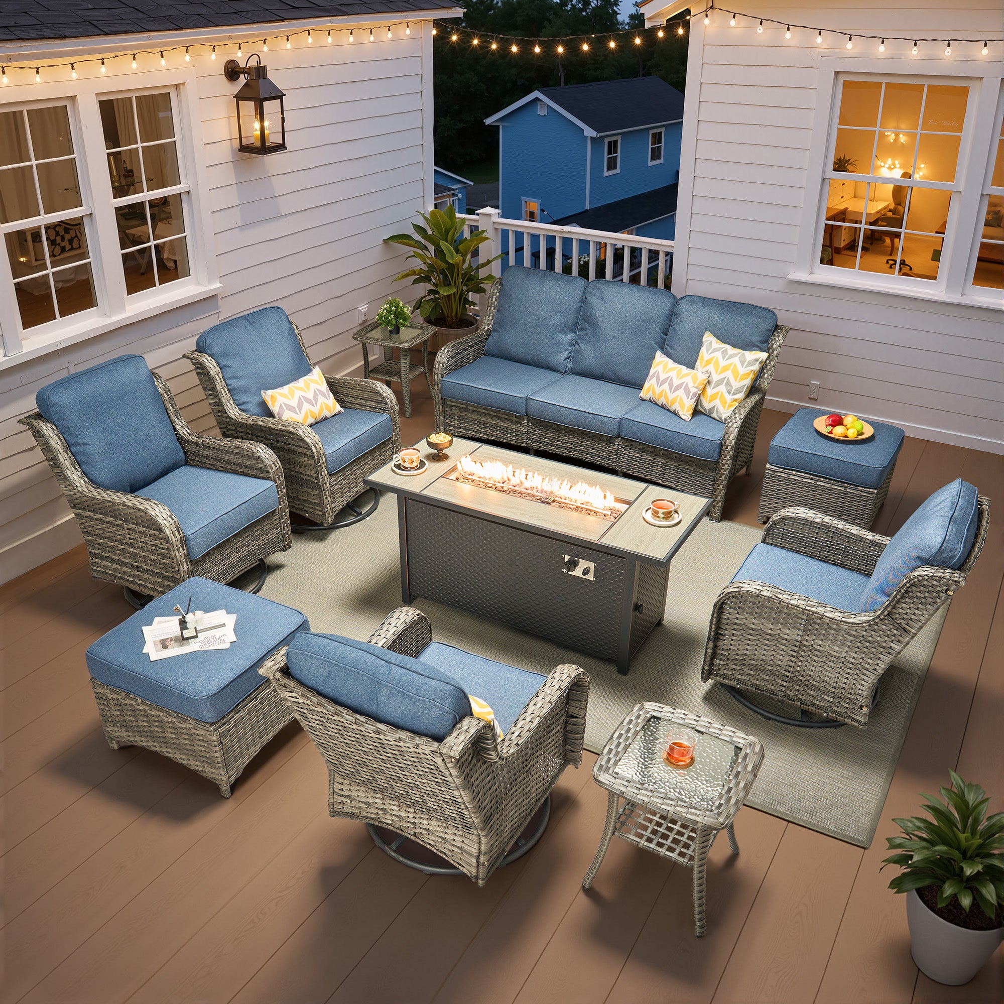 Ovios 5 Piece Outdoor Patio Furniture Set All-Weather Wicker Rattan Conversation Set with High Back Swivel Chairs & Propane Fire Pit Table, Denim Blue