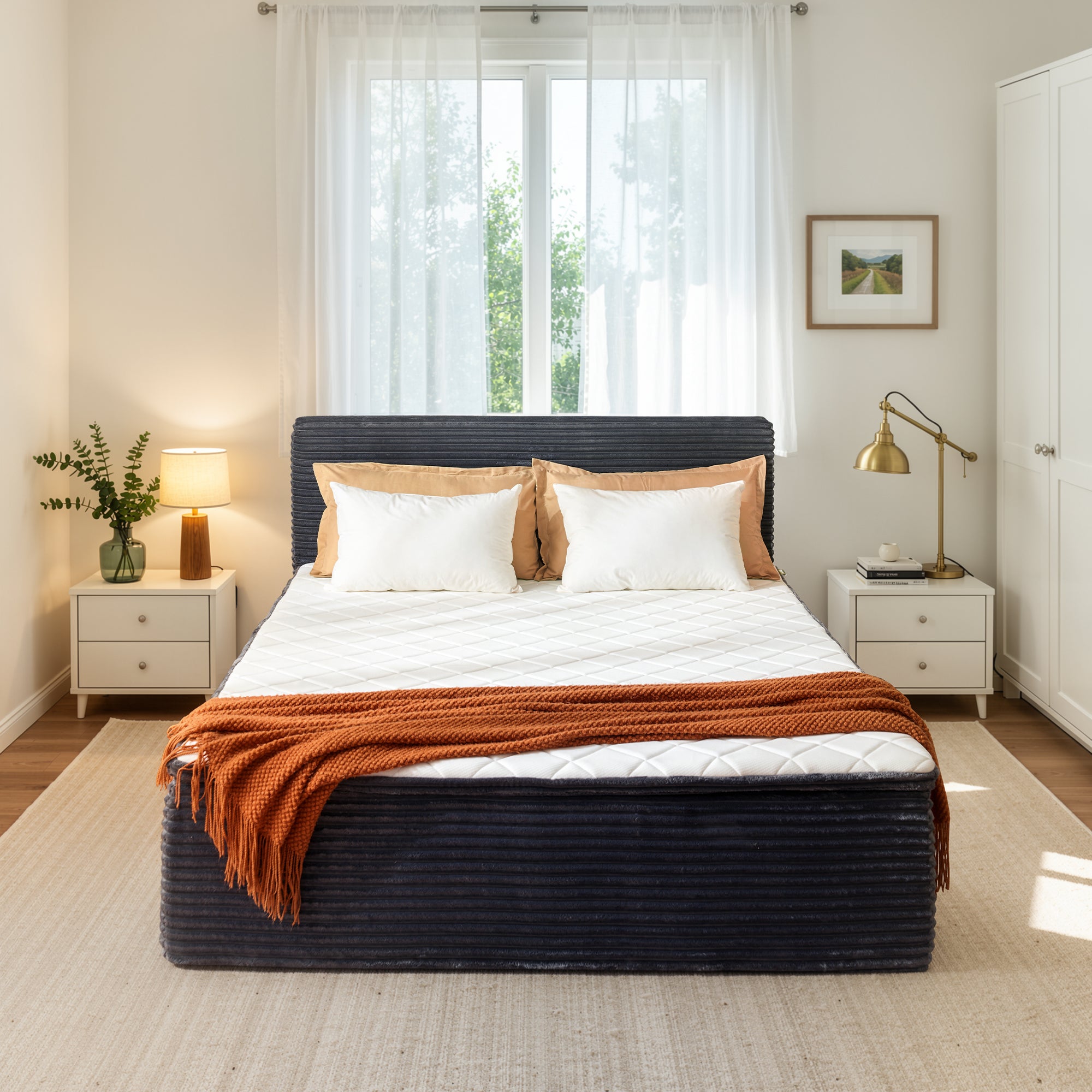Ovios Boneless Bed 16.7" Medium Firm Plush Corduroy Cloud Upholstered Bed with Mattress, No Assembly