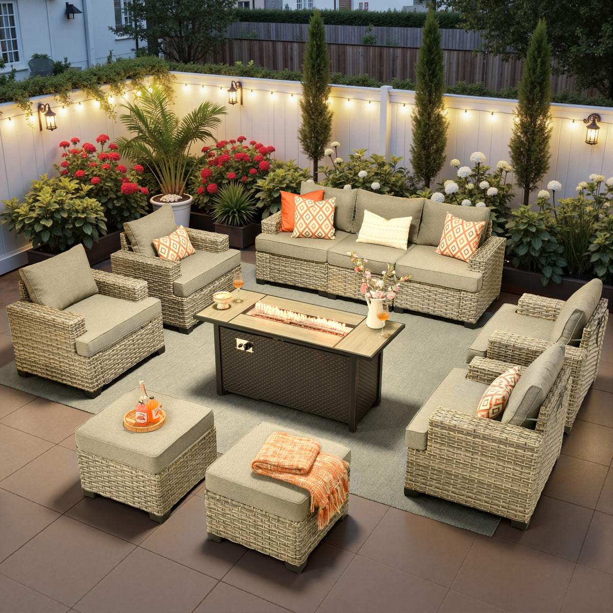 Ovios 10-Piece Outdoor Patio Furniture Set All-Weather Wicker Conversation Set with 54" Propane Fire Pit Table & Ottomans