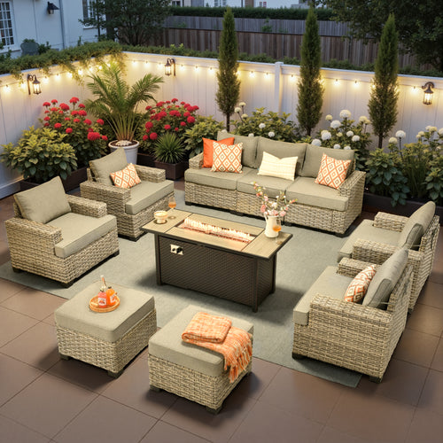 Ovios 10-Piece Outdoor Patio Furniture Set All-Weather Wicker Conversation Set with 54" Propane Fire Pit Table & Ottomans