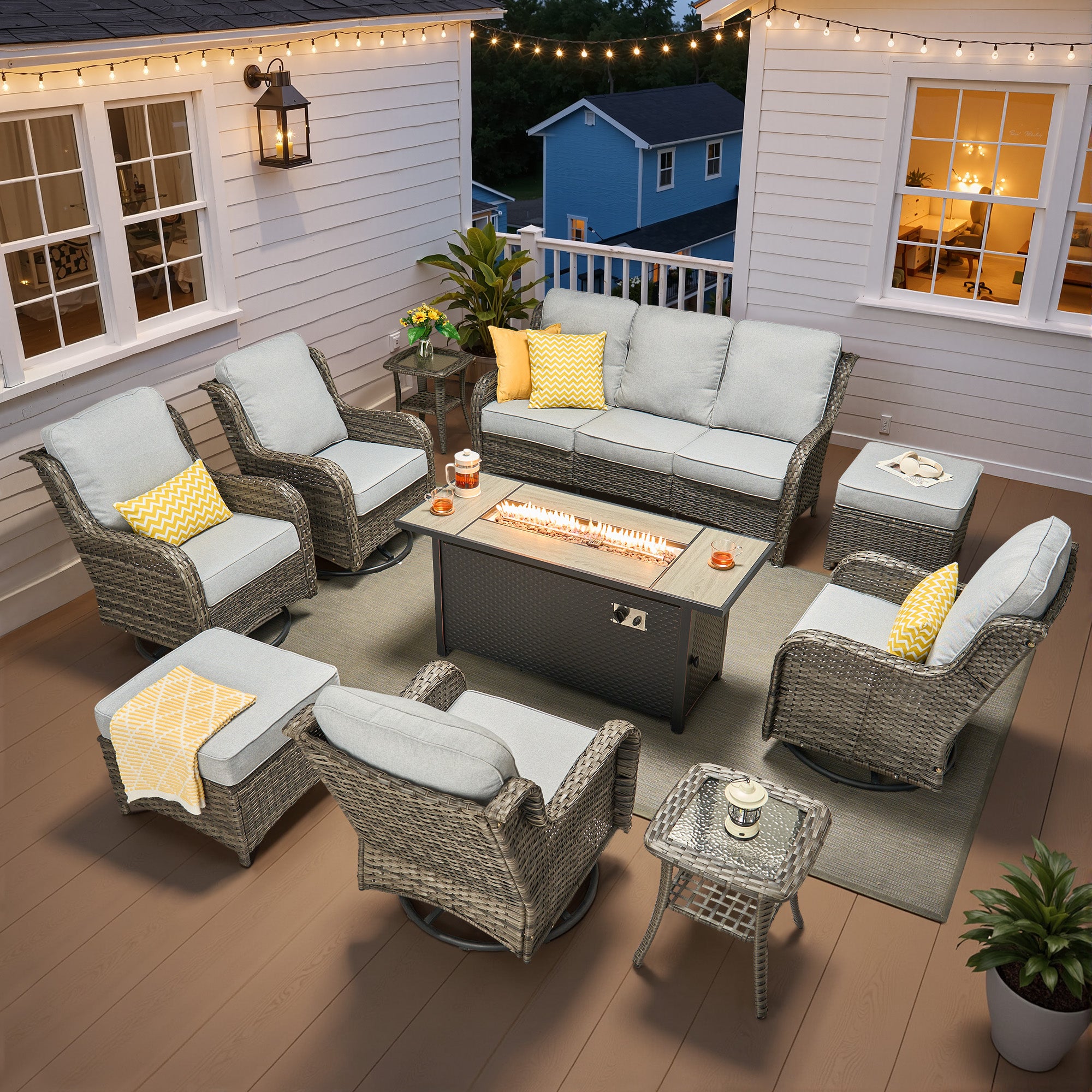 Ovios 5 Piece Outdoor Patio Furniture Set All-Weather Wicker Rattan Conversation Set with High Back Swivel Chairs & Propane Fire Pit Table, Denim Blue